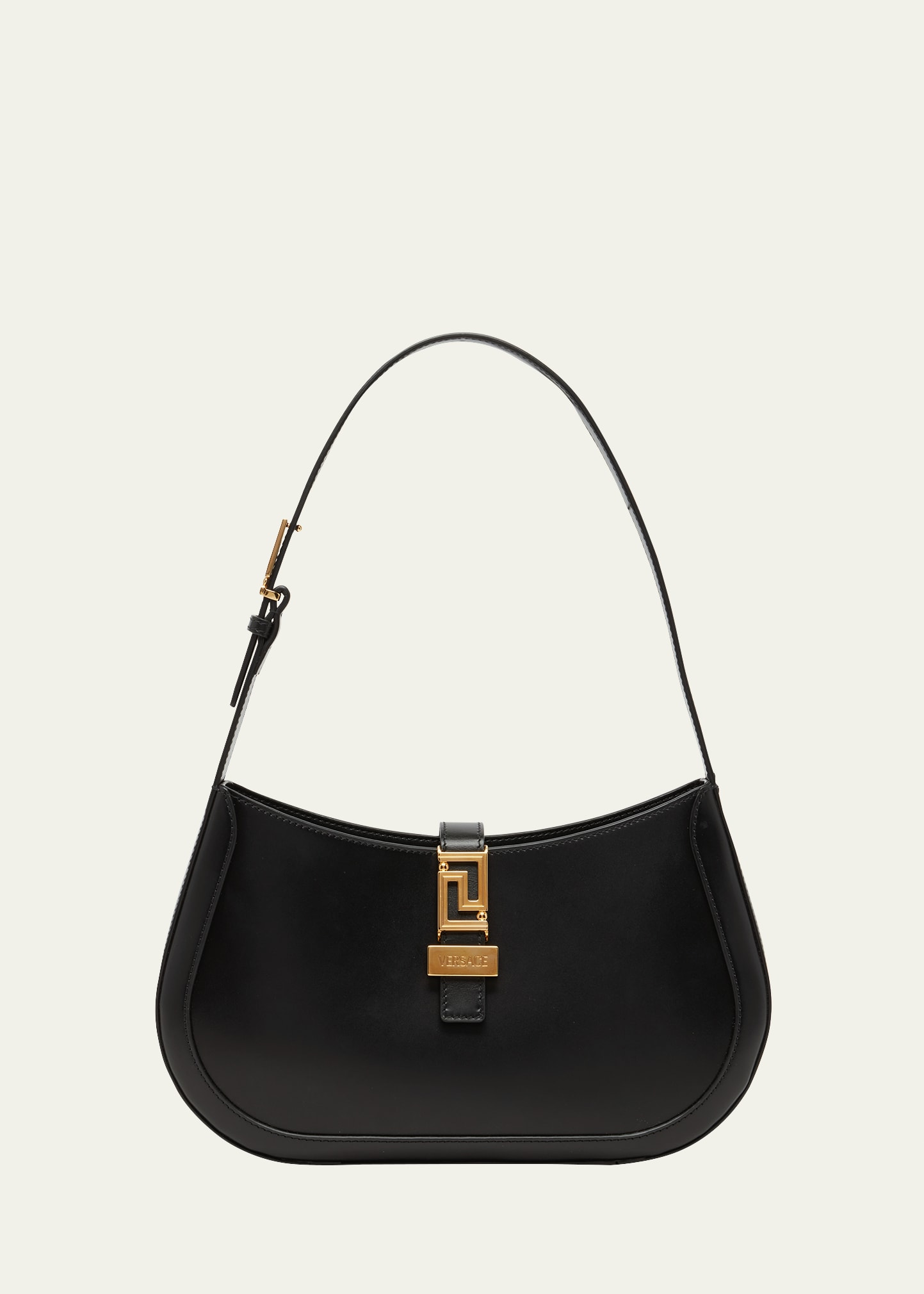 Shop Versace Greca Large Leather Hobo Bag In 1b00v Black Versa