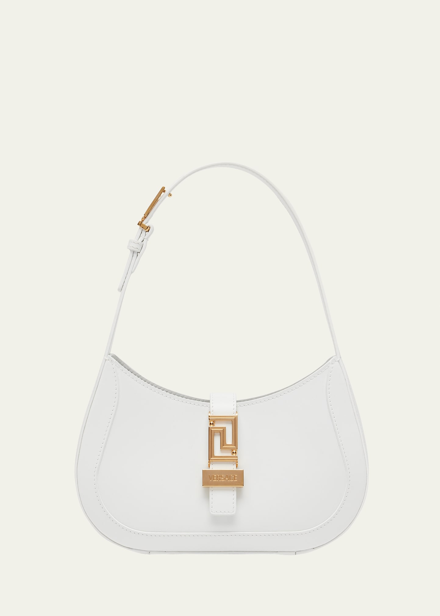 Shop Versace Greca Small Leather Hobo Bag In Optic White Versa