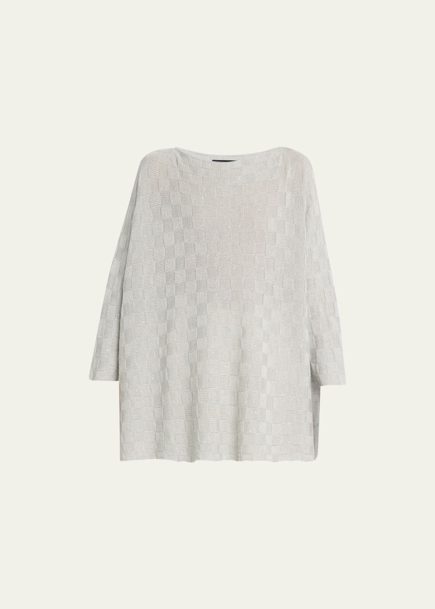 Eskandar Sideways Knit Square Slim-sleeve Sequined Top (long Length) In Cloud