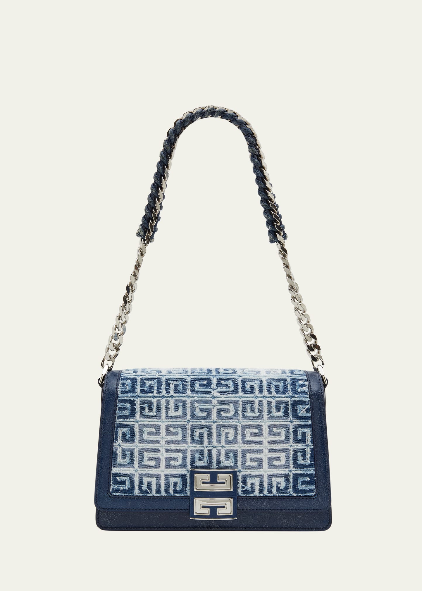 Givenchy 4g Shoulder Bag In Distressed Denim With Woven Chain Strap In 420 Medium Blue
