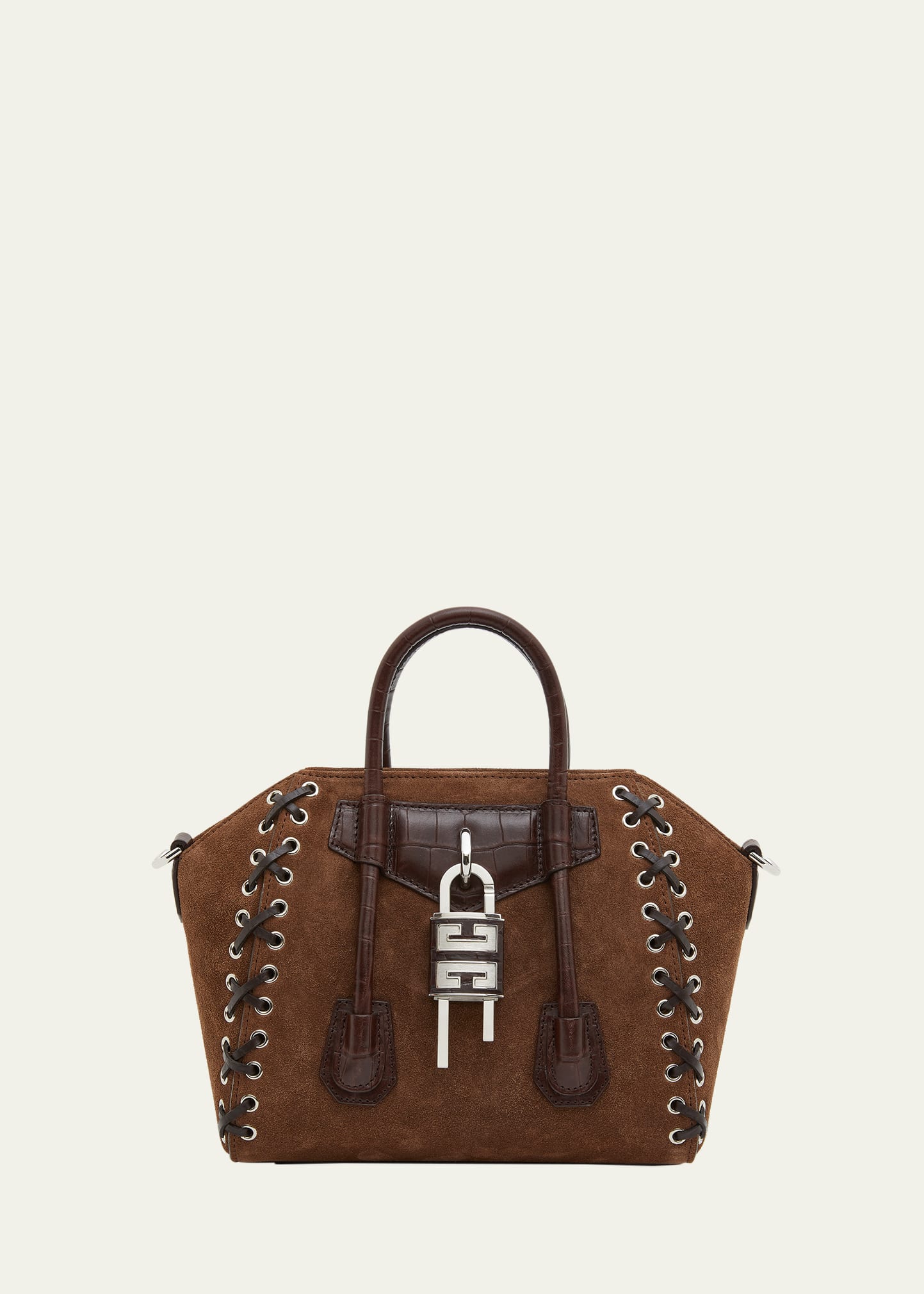 Shop Givenchy Mini Antigona Lock Top-handle Bag In Suede With Corset Straps In 220 Walnut Brown