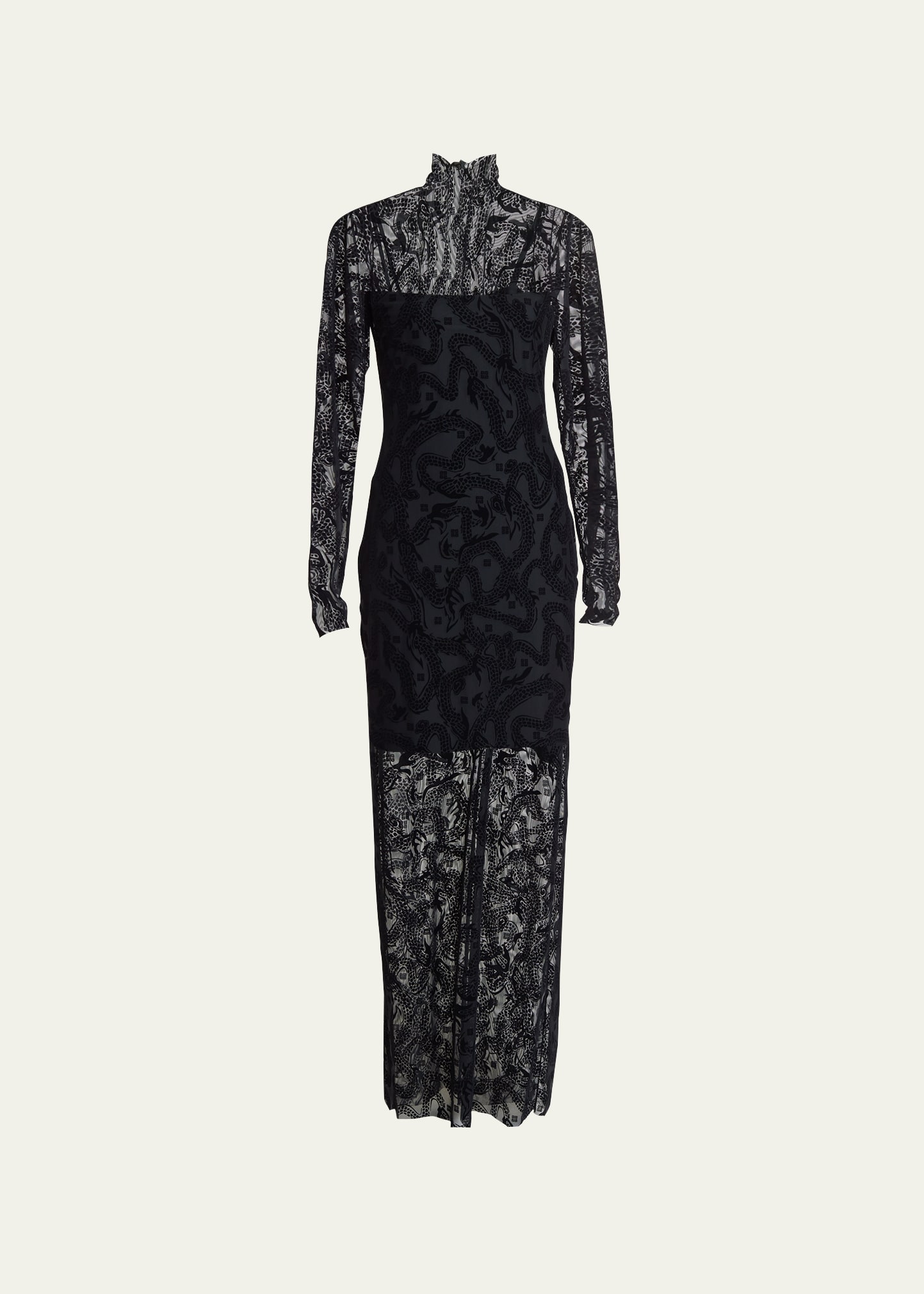 Givenchy Dragon Flocked Velvet Long-sleeve Mock-neck Maxi Dress In Black