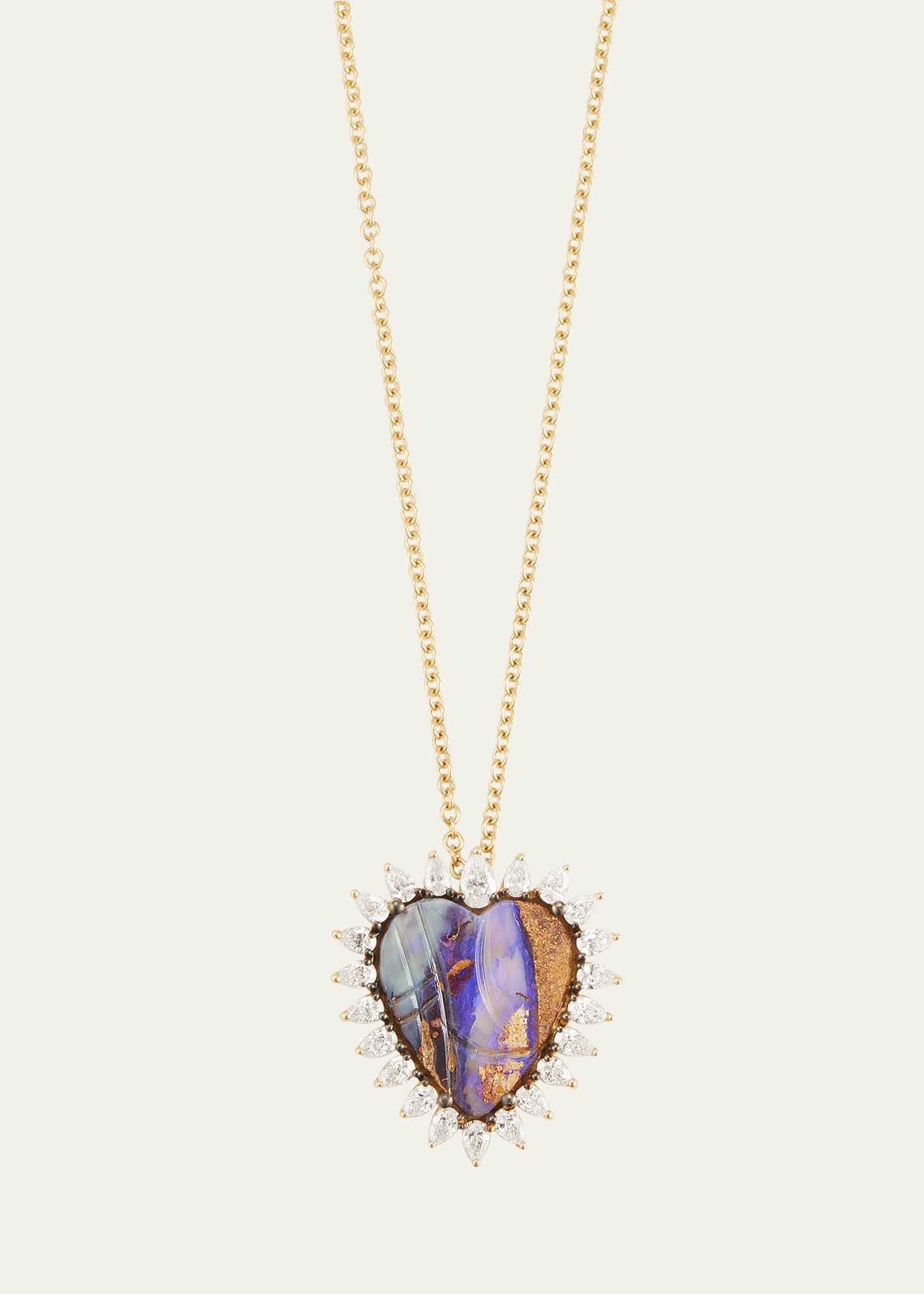 18K Yellow Gold Opal and Diamond Heart Pendant Necklace