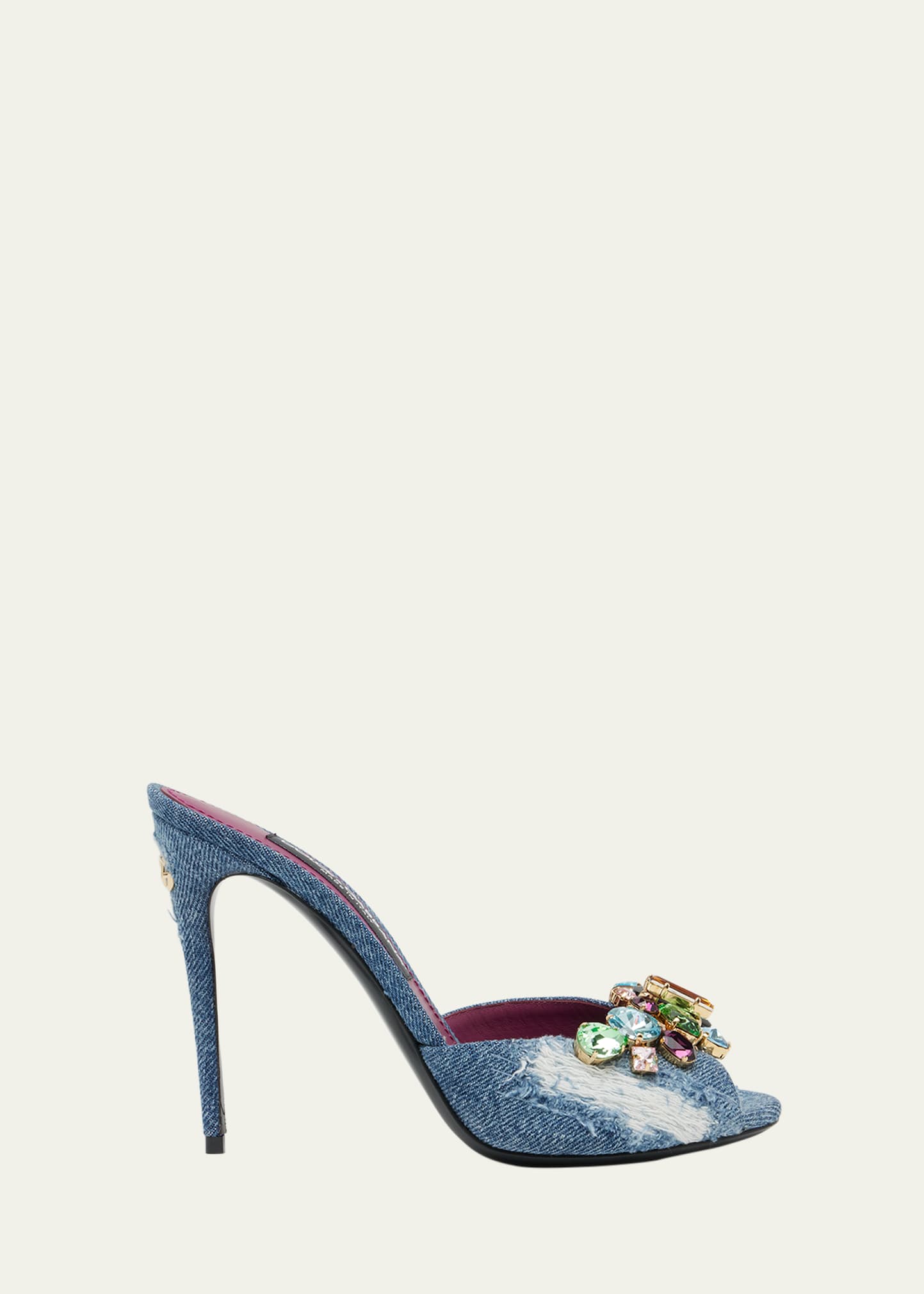 Dolce & Gabbana Denim Multicolored Crystal Stiletto Mules In Blue Multi