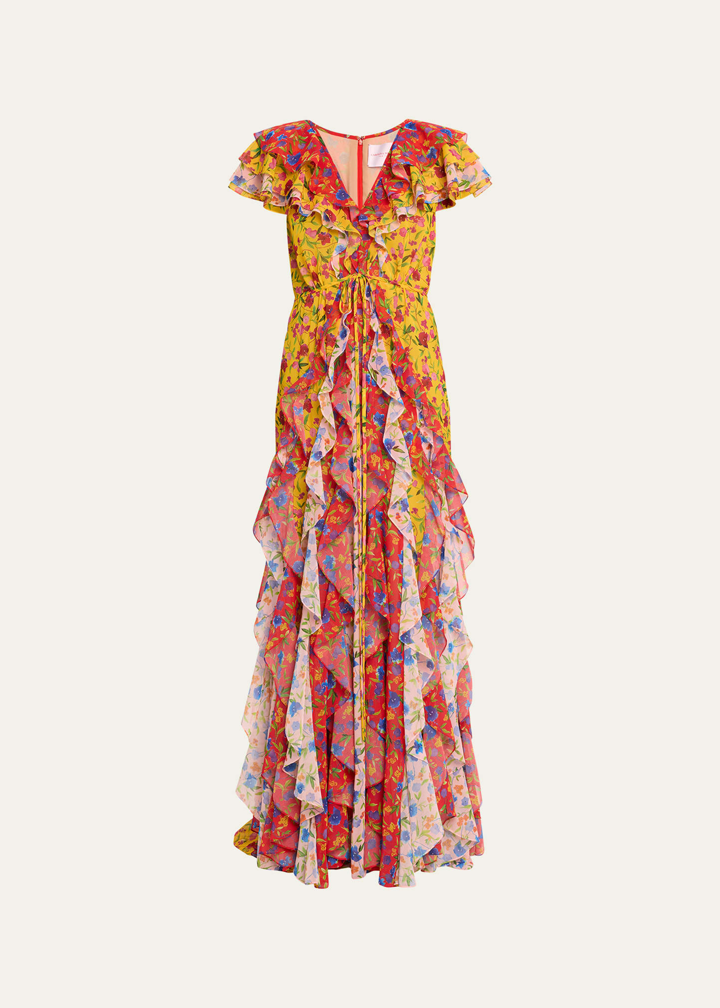 Carolina Herrera Floral-print V-neck Ruffled Gown In Multi-color