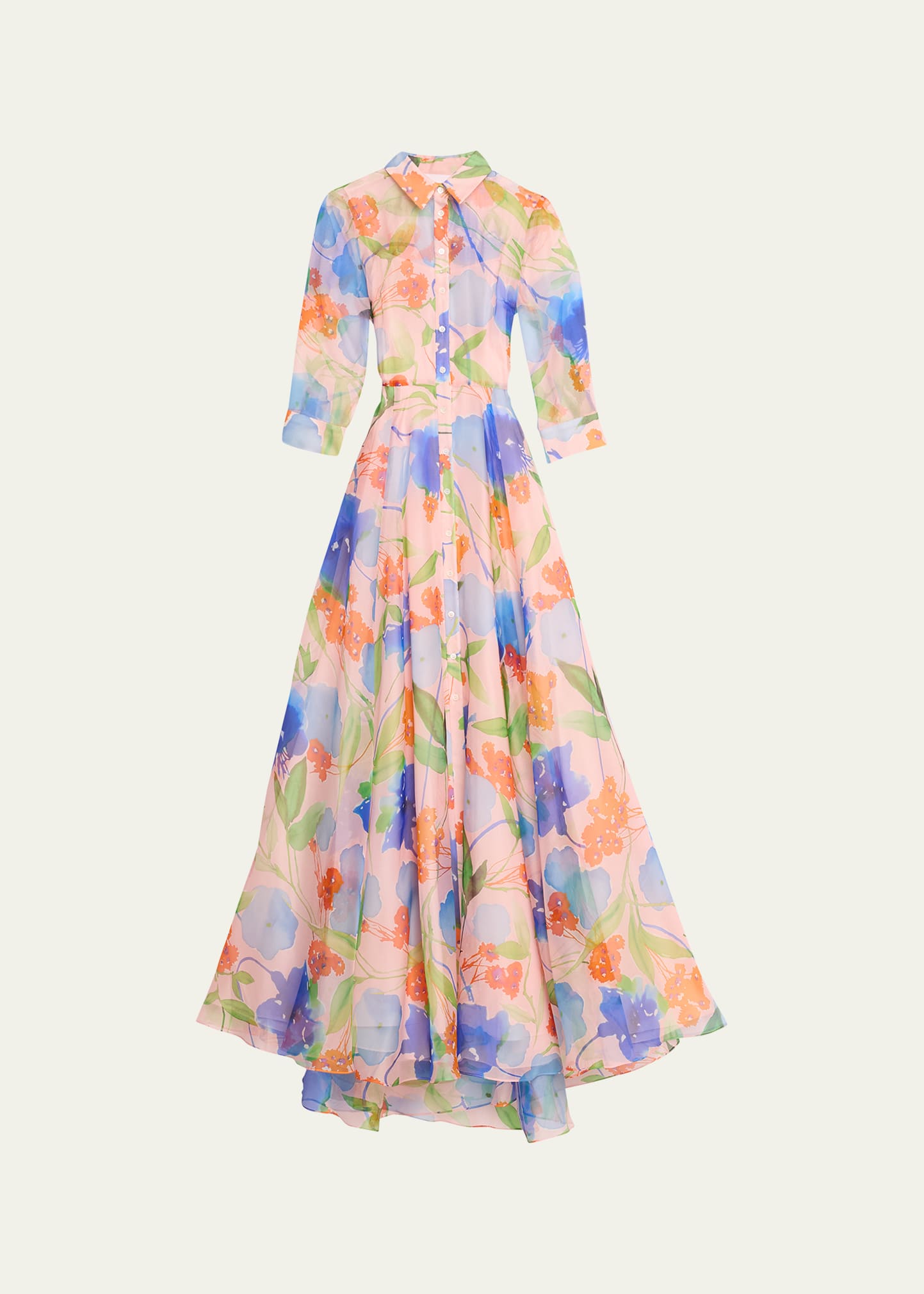 Floral-Print Belted Trench Gown