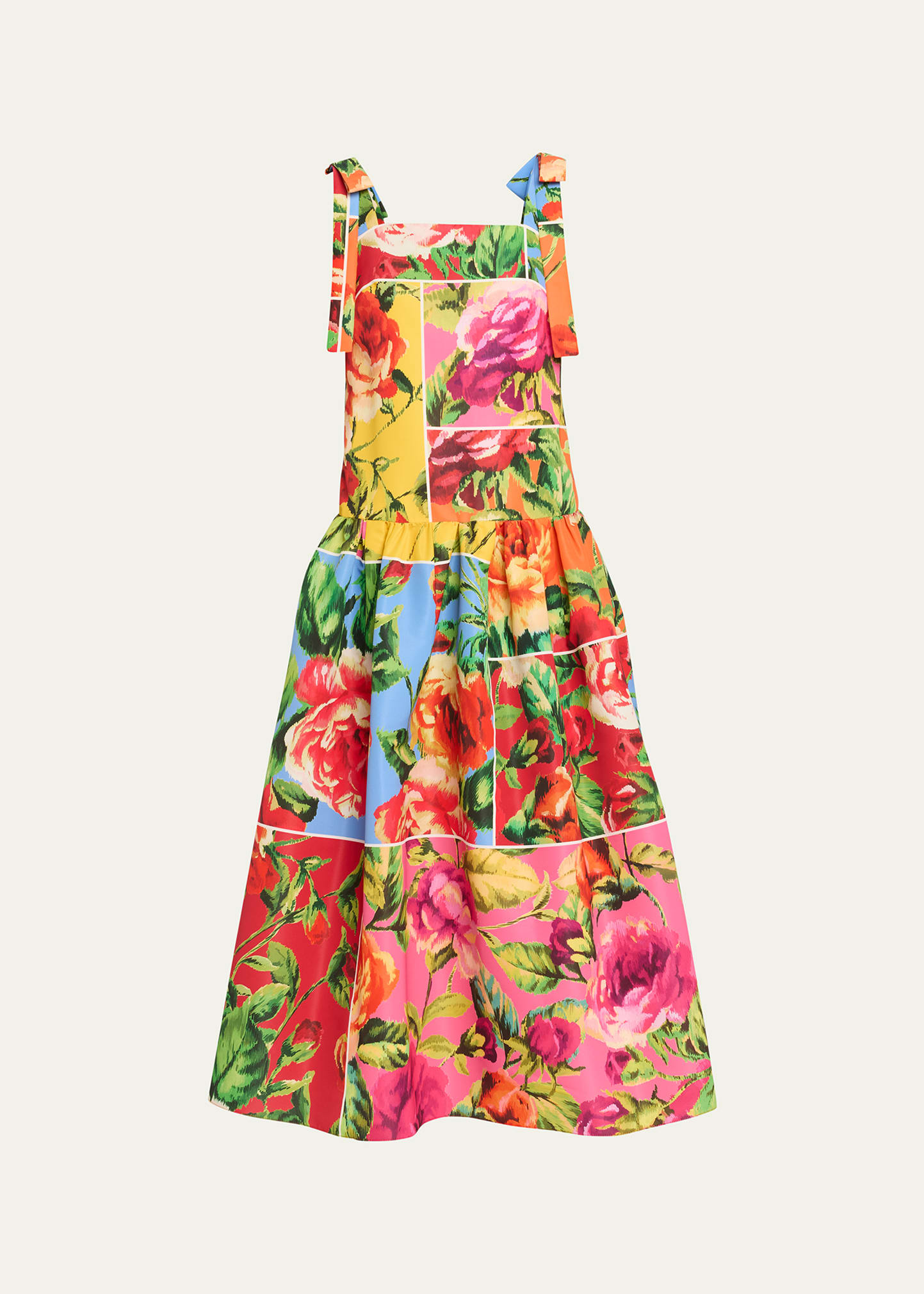 CAROLINA HERRERA DROP WAIST FLORAL PRINT DRESS WITH BOW STRAPS