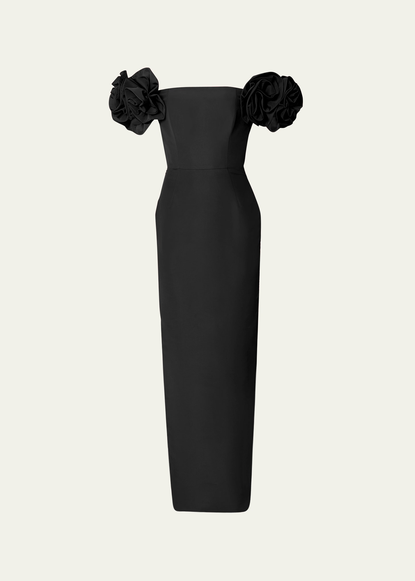 Off Shoulder Column Gown with Flower Detail