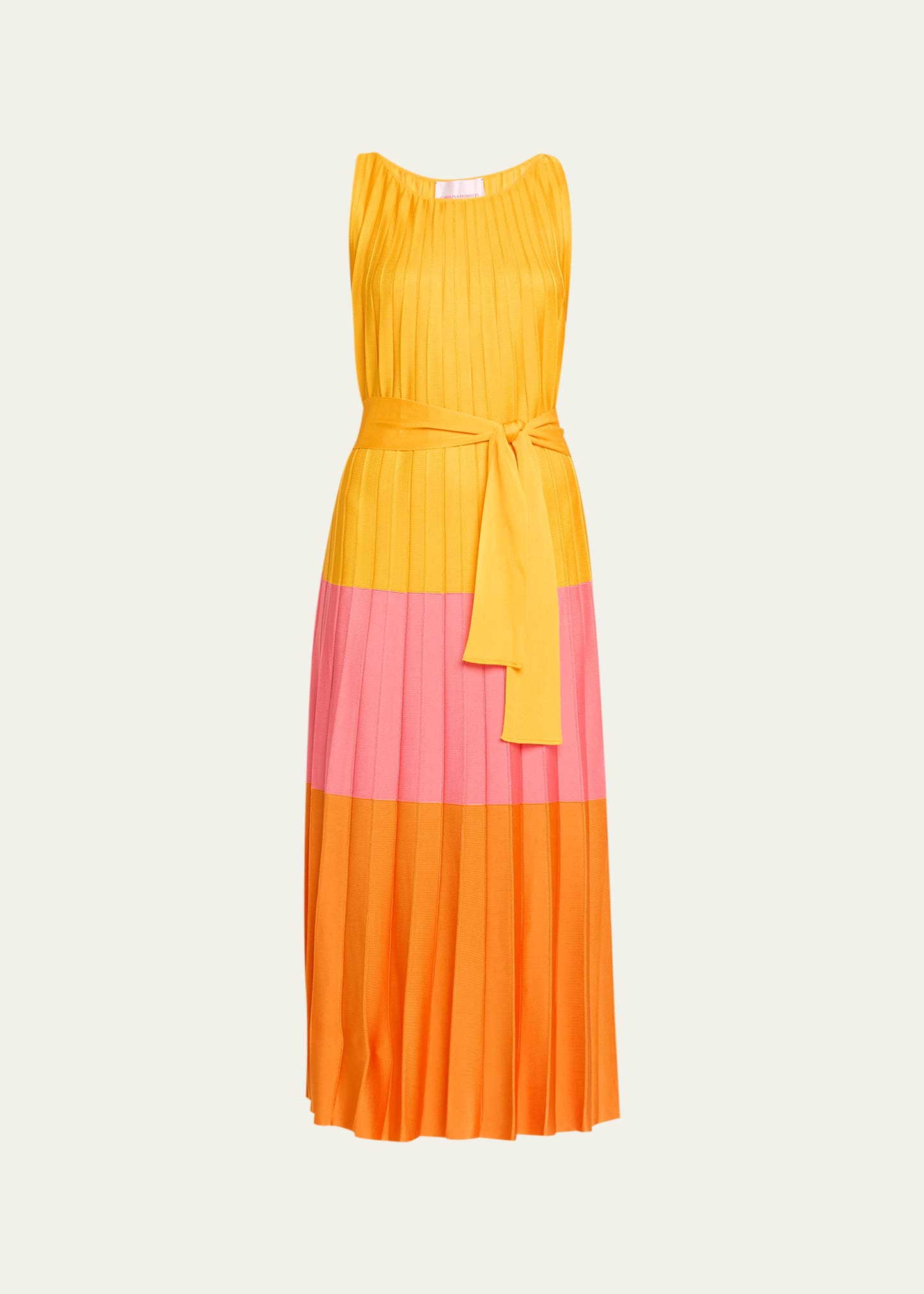 Colorblock Pleated Knit Maxi Dress with Tie Belt