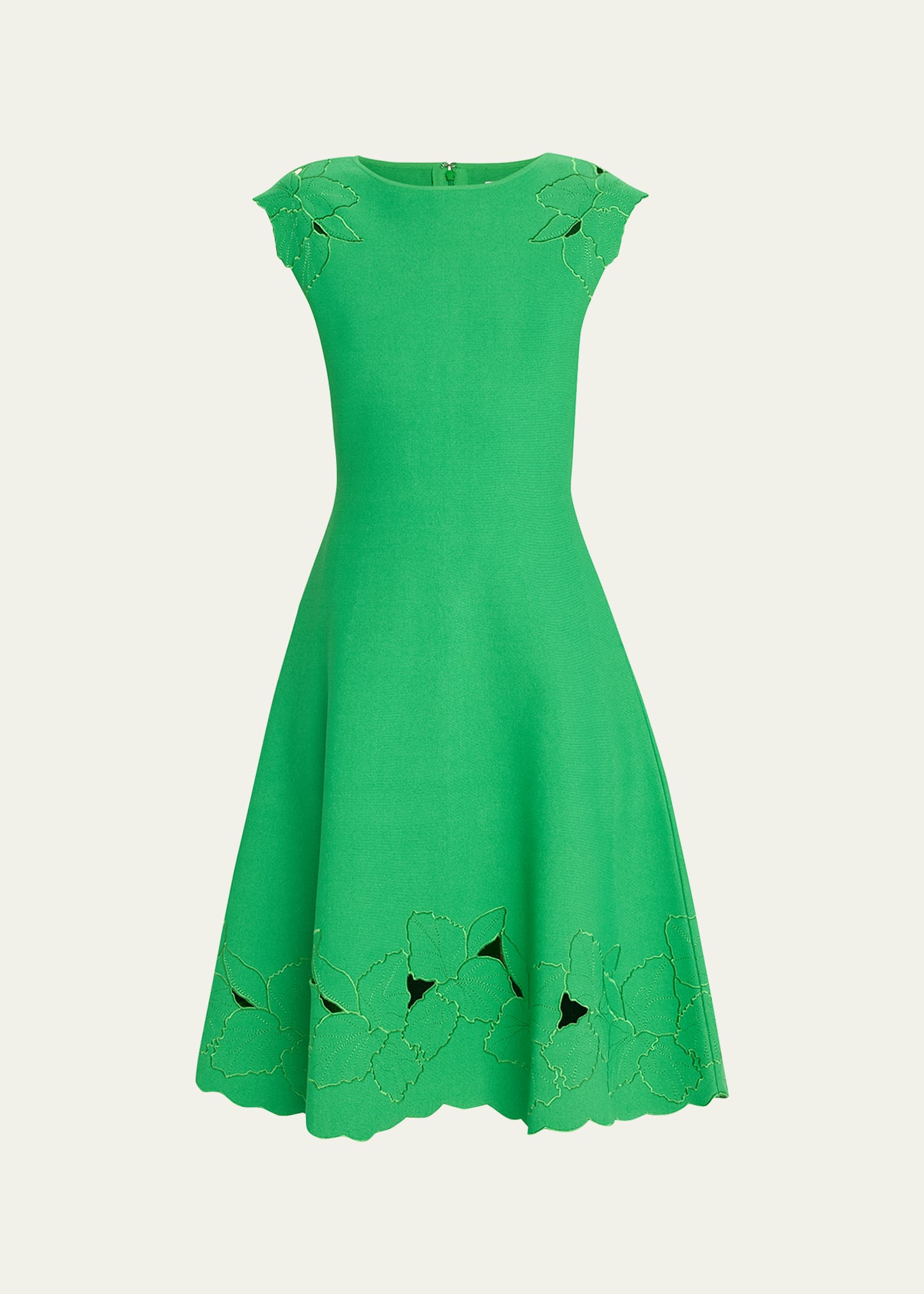 Carolina Herrera Knit Flare Dress With Floral Embroidery In Grasshoppe