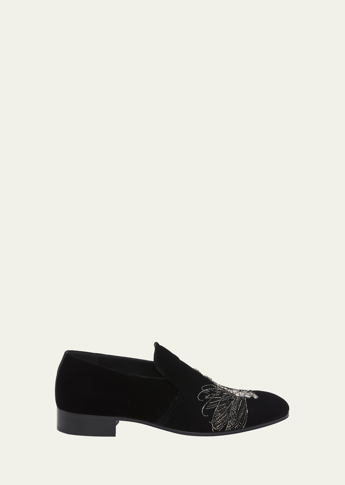 Shop Alexander Mcqueen Men's Dragonfly Embroidered Velvet Loafers In Black Crystal
