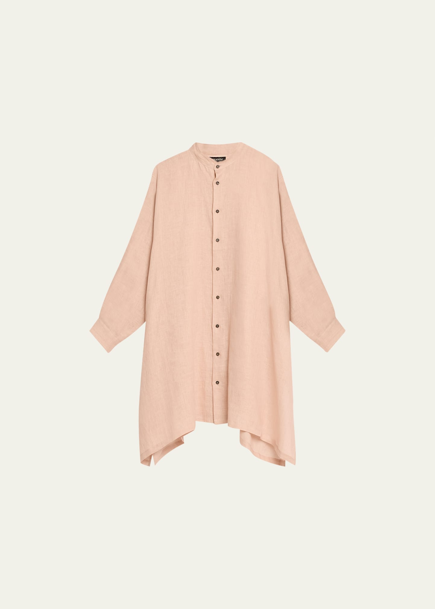 Wide A-line Collarless Linen Shirt (Very Long Length) with Slits
