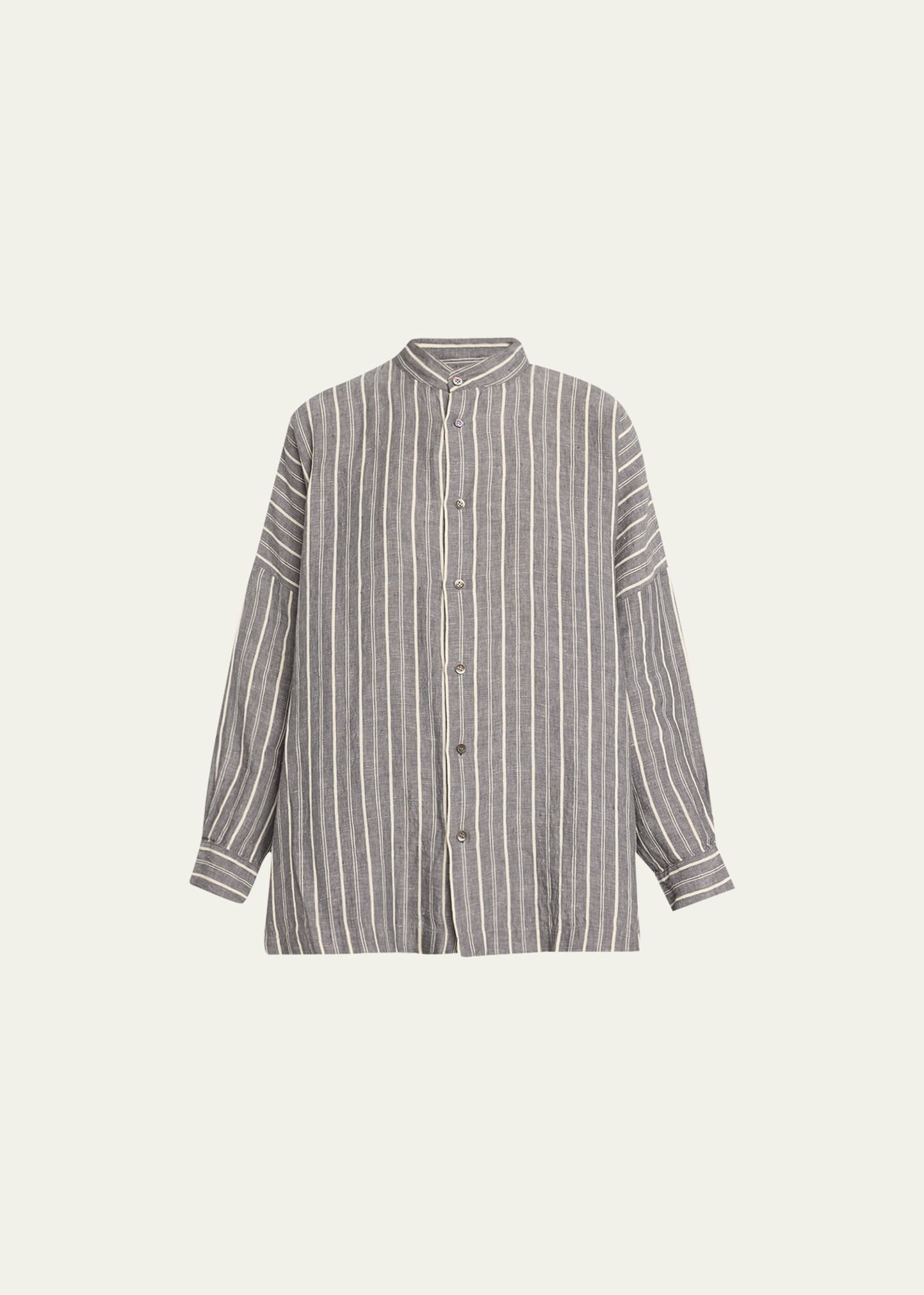 Eskandar Stripe Wide Longer Back Collarless Shirt (long Length) In Grey