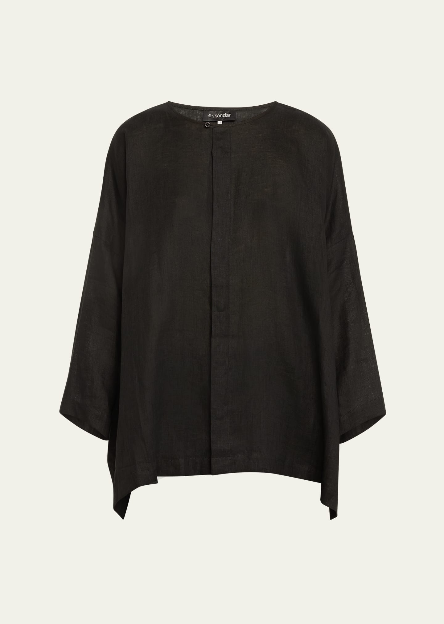 Shop Eskandar Wide Longer-back Bound Neck Linen Shirt (long Length) In Black