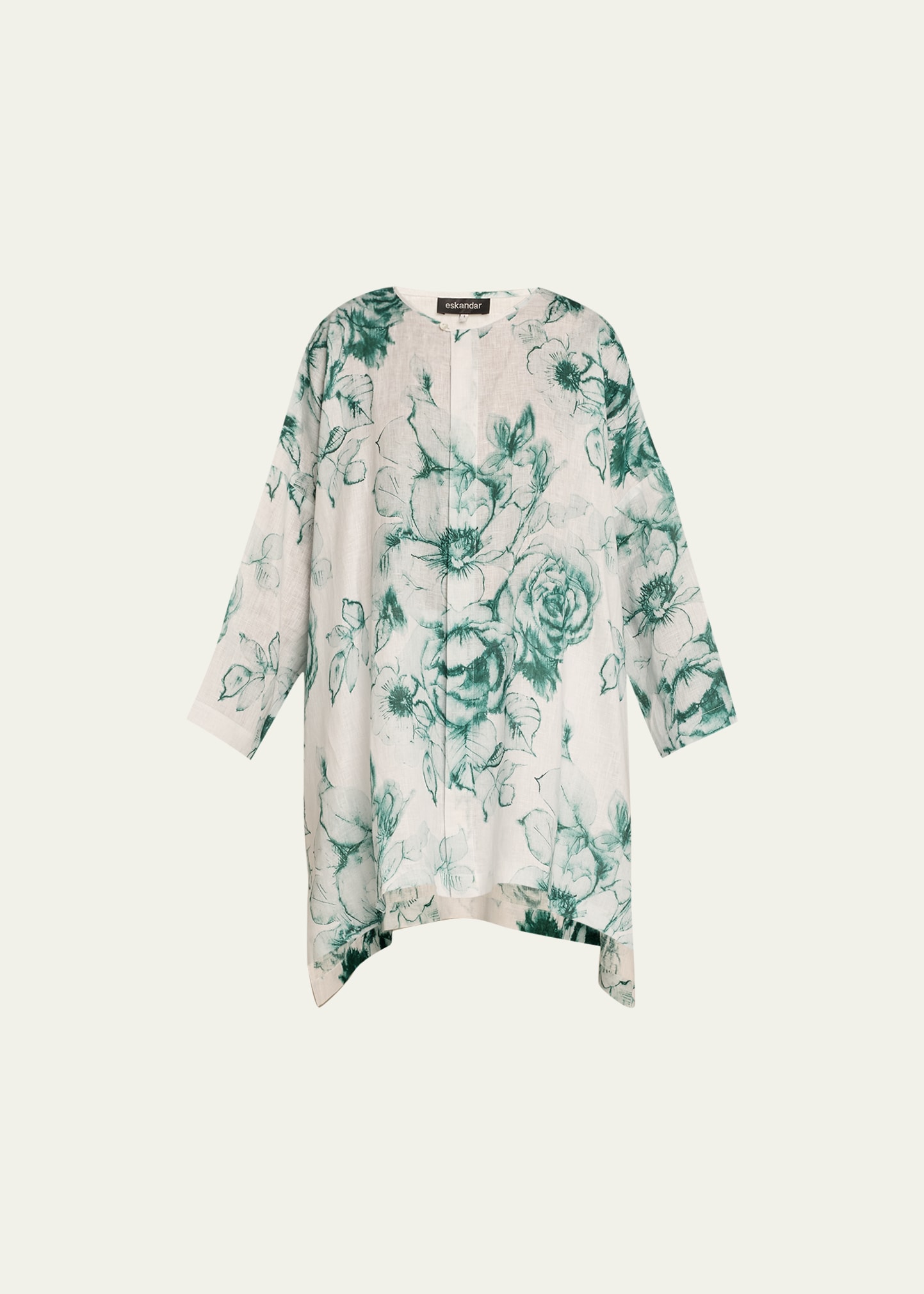 Eskandar Floral Wide Longer-back Round Neck Shirt (very Long Length) In Tealgreen