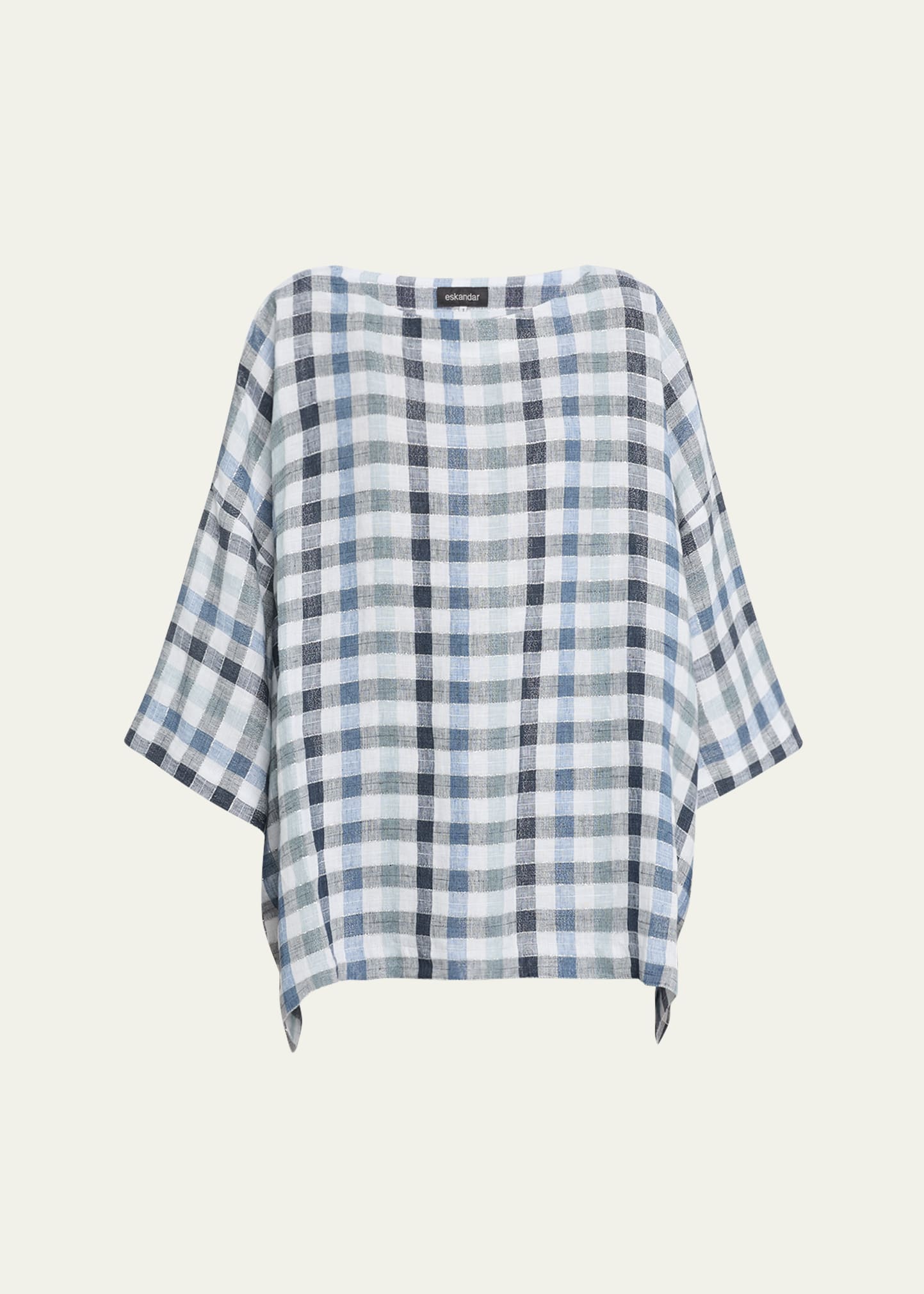 Gingham Three-Quarter Sleeve Bateau Neck Tunic Top (Long)