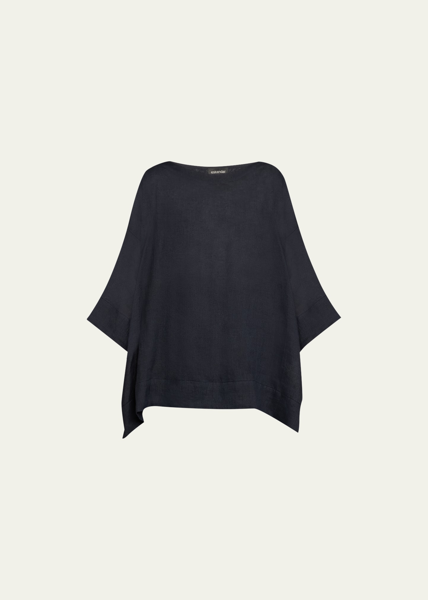 Scoop-Neck Three-Quarter Sleeve Linen Top with Hem Bands (Long Length)