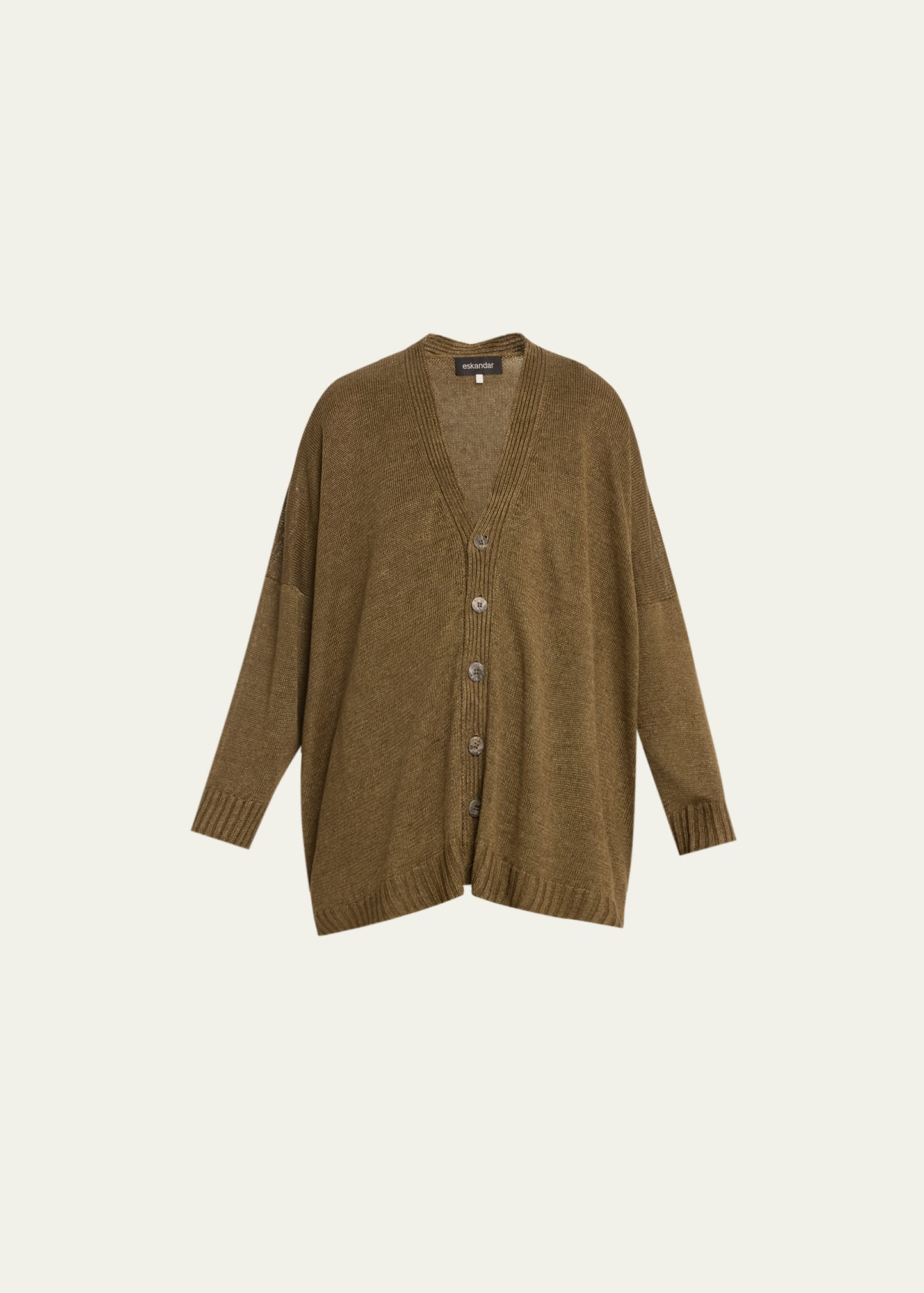 Eskandar Wide V-neck Linen Cardigan (long Length) In Olivebronze