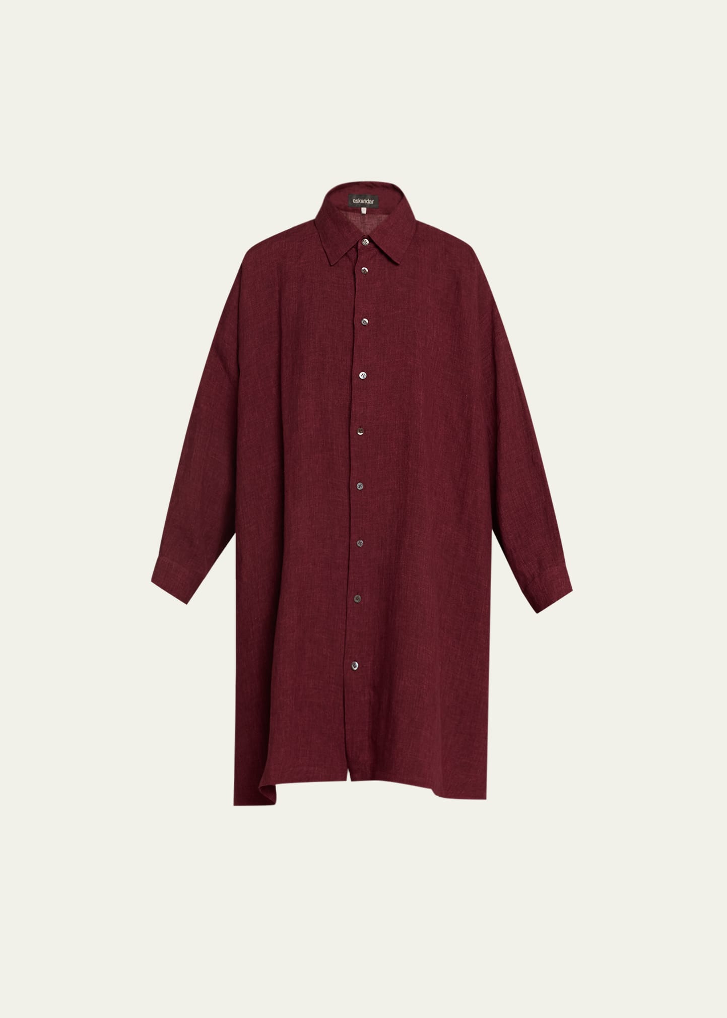 Eskandar Wide A-line Linen Shirt With Collar (very Long) With Slits In Cochineal