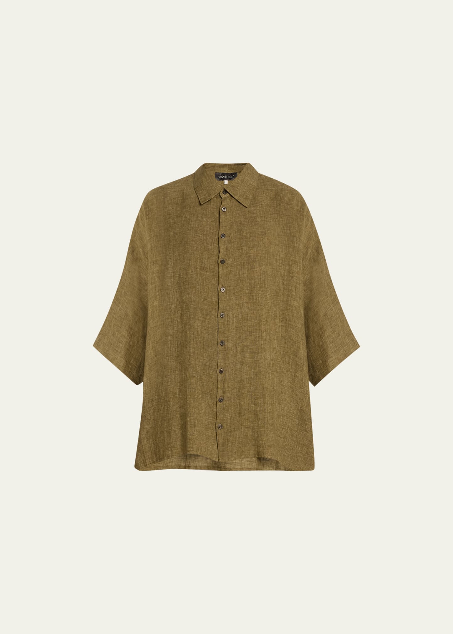 Shop Eskandar Sloped Shoulder Wide A-line Linen Shirt With Collar (long Length) In Olivebronze