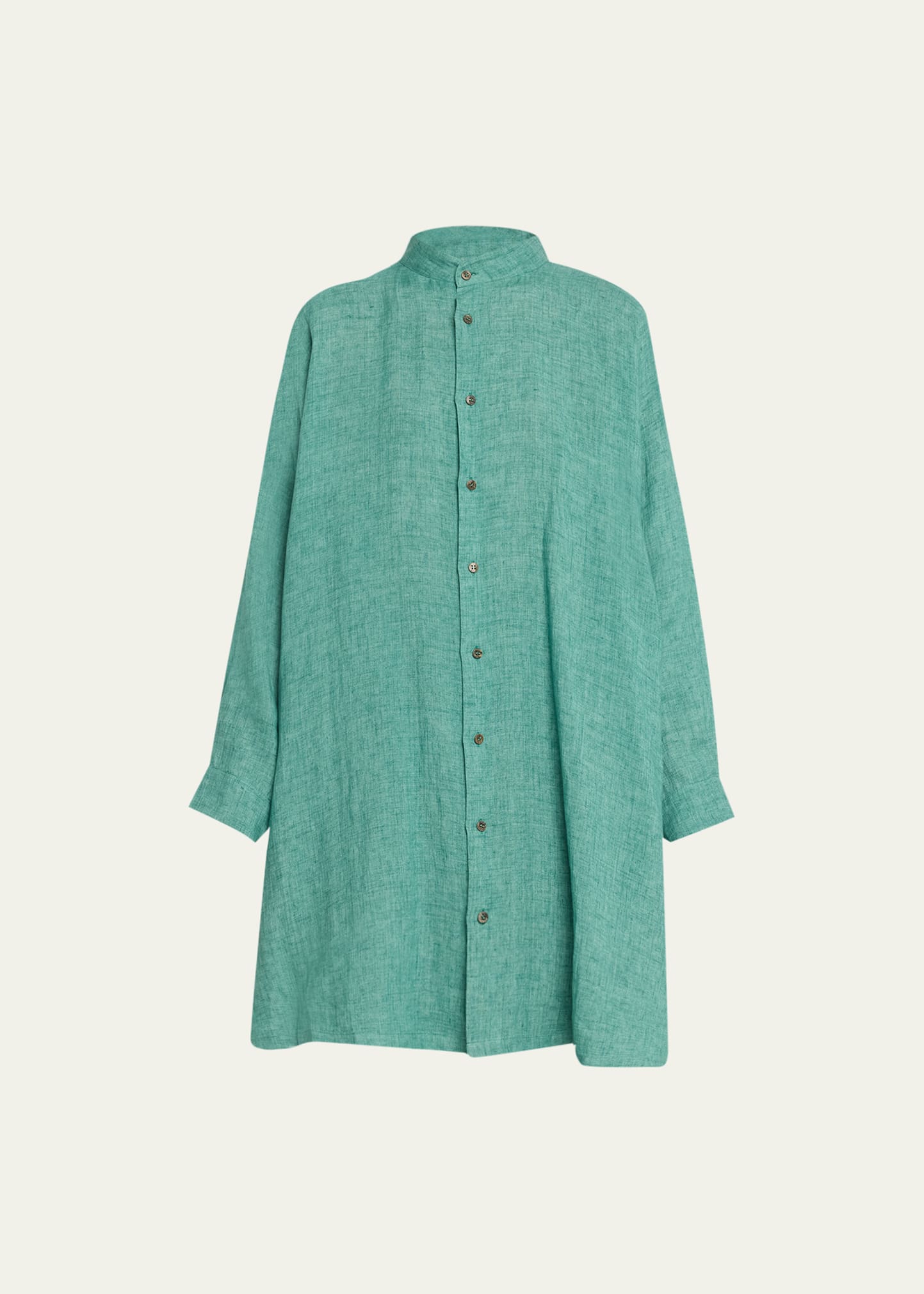 Eskandar Wide A-line Collarless Linen Shirt (very Long Length) With Slits In Greenaqua