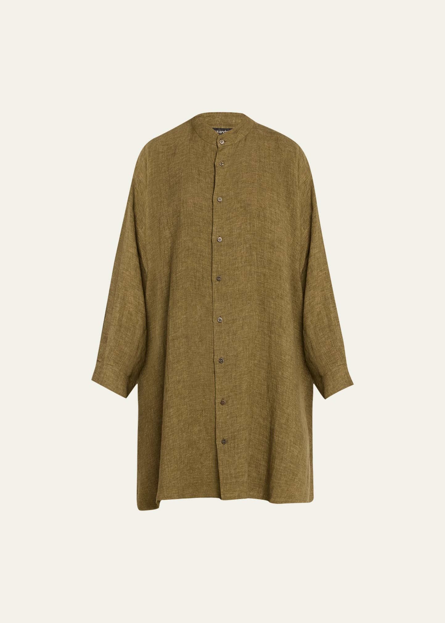 Eskandar Wide A-line Collarless Linen Shirt (very Long Length) With Slits In Olivebronze