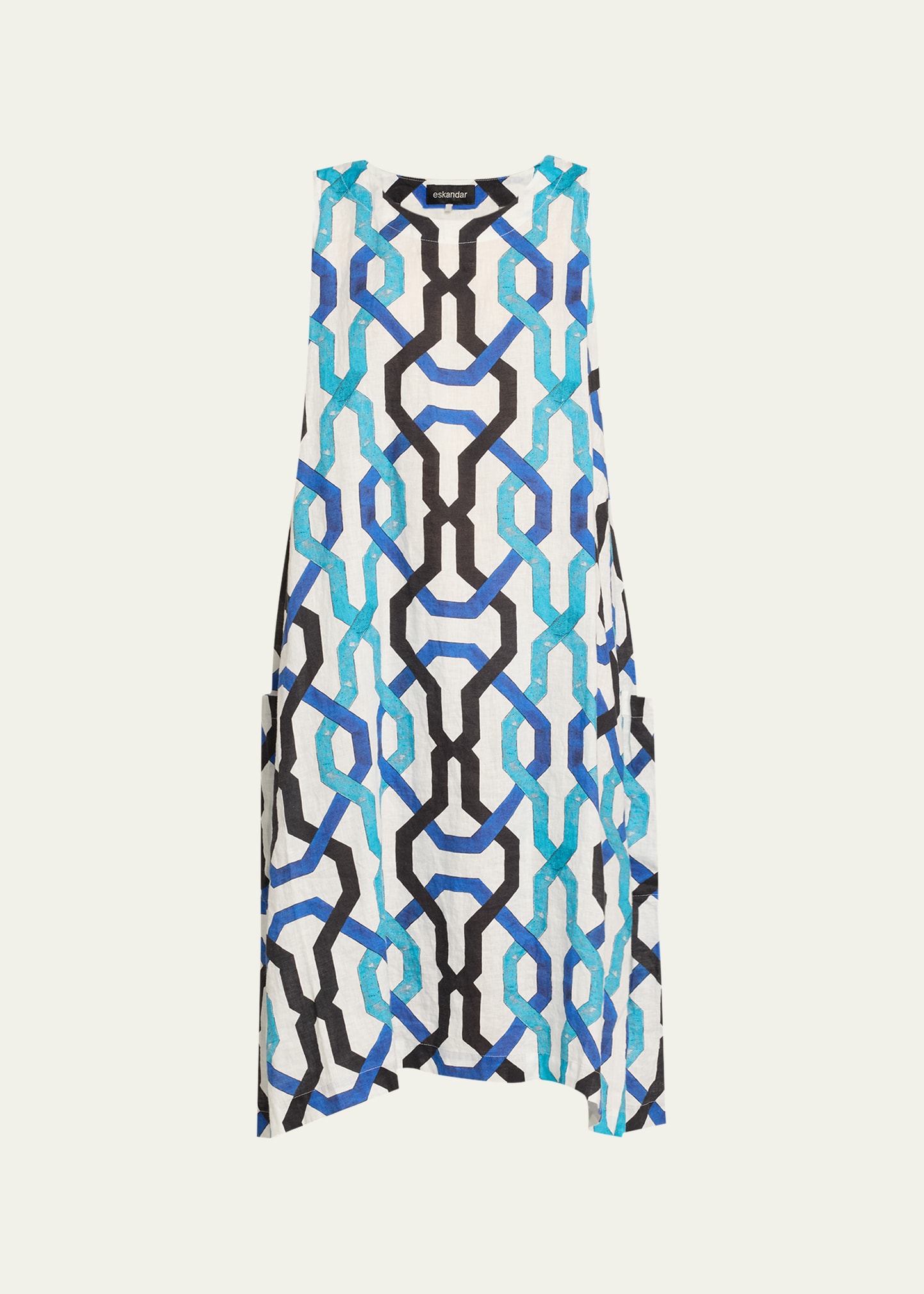 Eskandar Printed Sleeveless Linen Dress In Blues