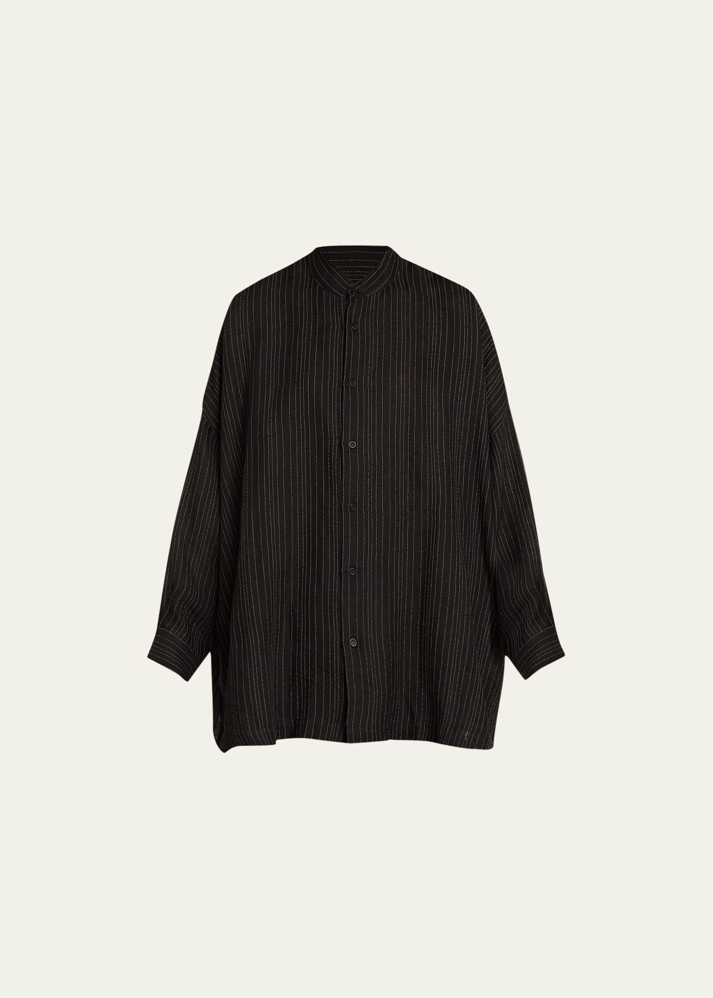 Eskandar Wide Longer-back Collarless Shirt With Slits (very Long Length) In Black