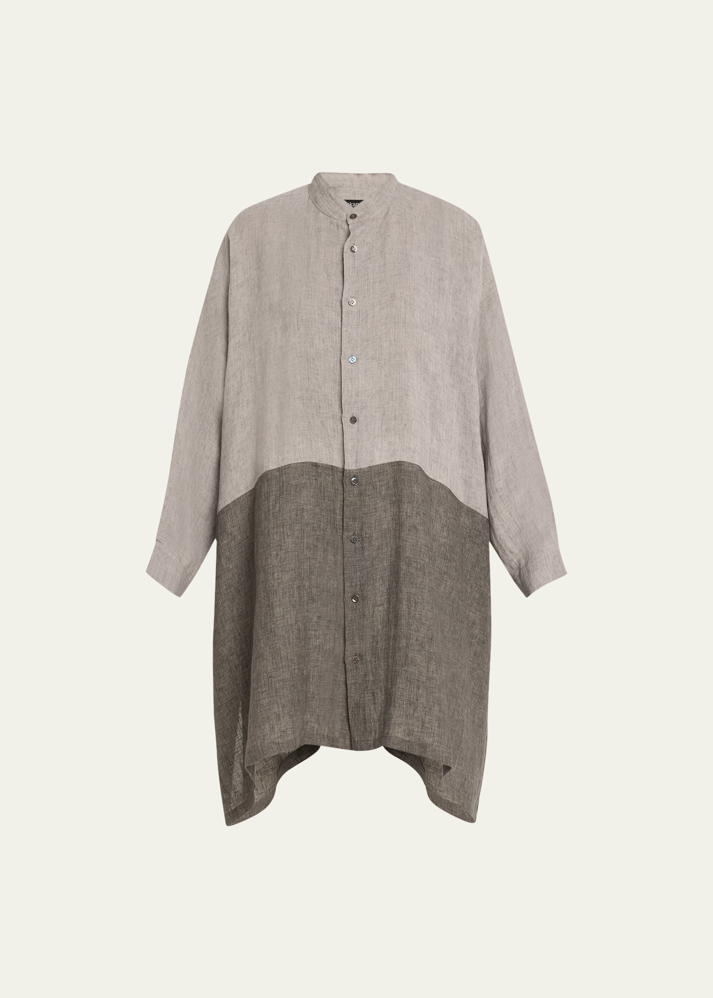 Shop Eskandar Bicolor Wide A-line Collarless Shirt With Side Slit (very Long Length) In Greymix