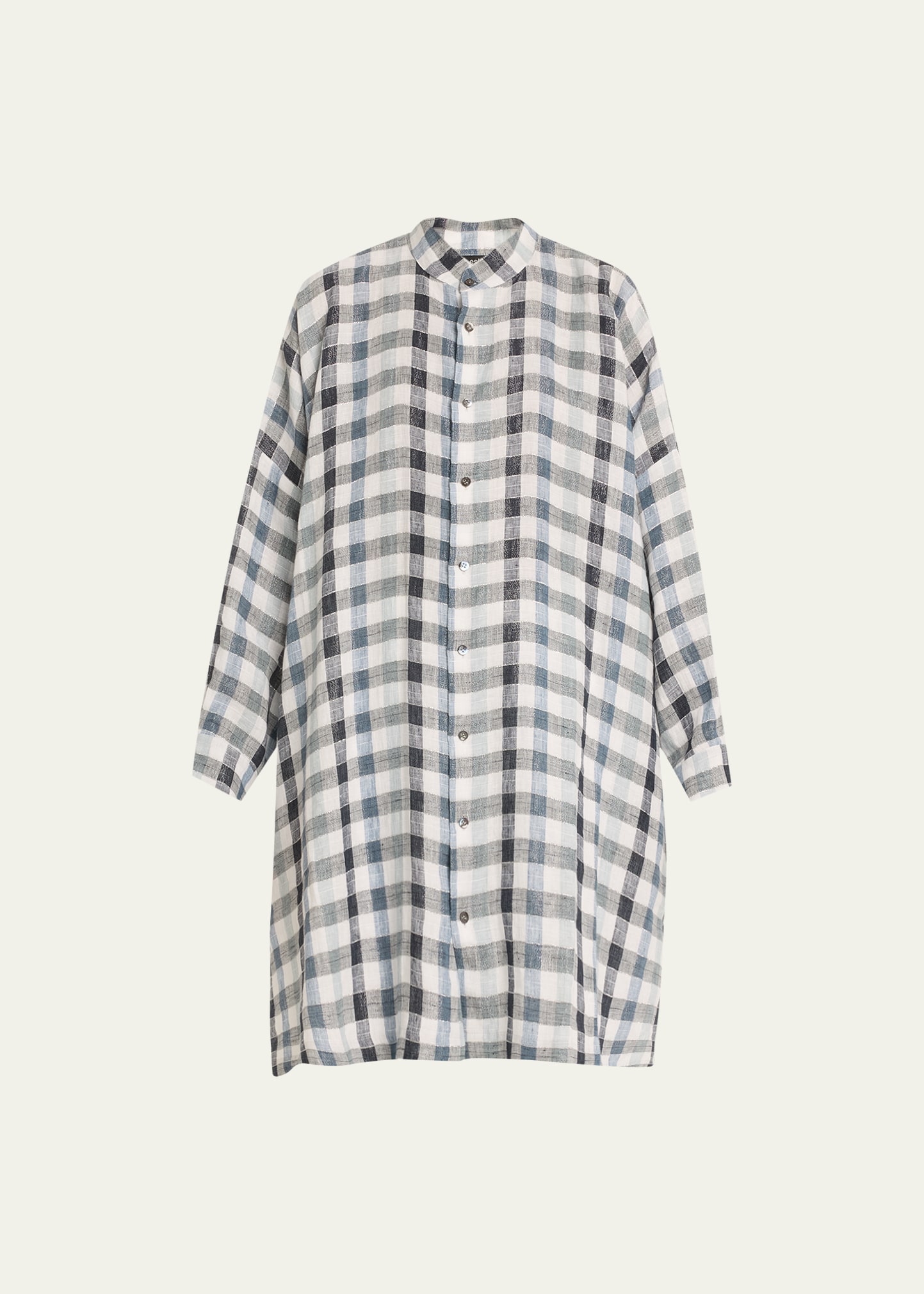 Gingham Wide Collarless Shirt With Slits (Very Long Length)