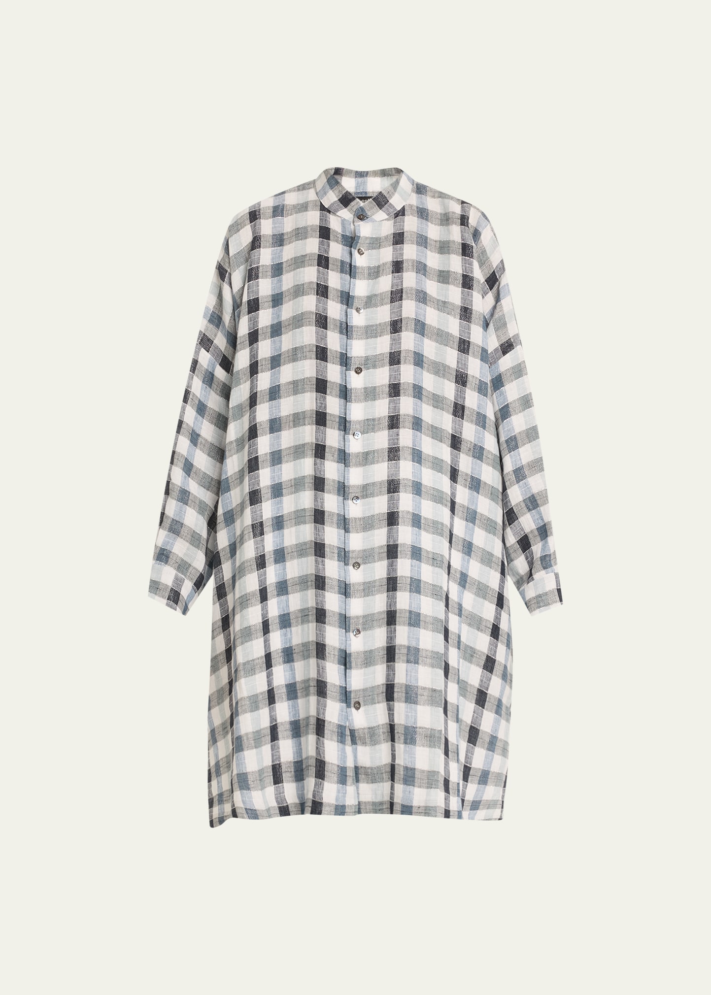 Eskandar Gingham Wide Collarless Shirt With Slits (very Long Length) In Bluecheck