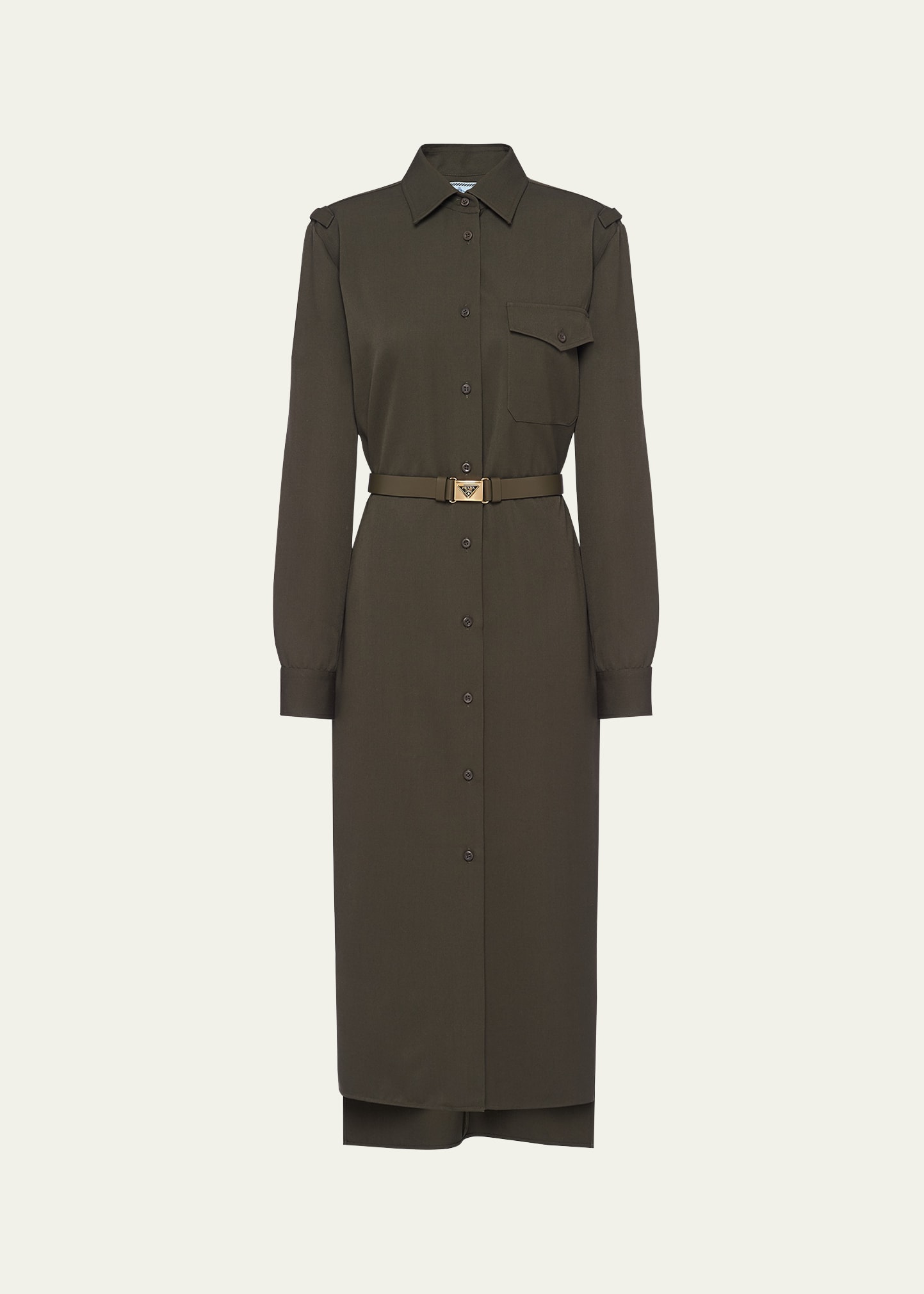 Shop Prada Logo-belt Gabardine Button Down Midi Wool Dress In F0161 Militare