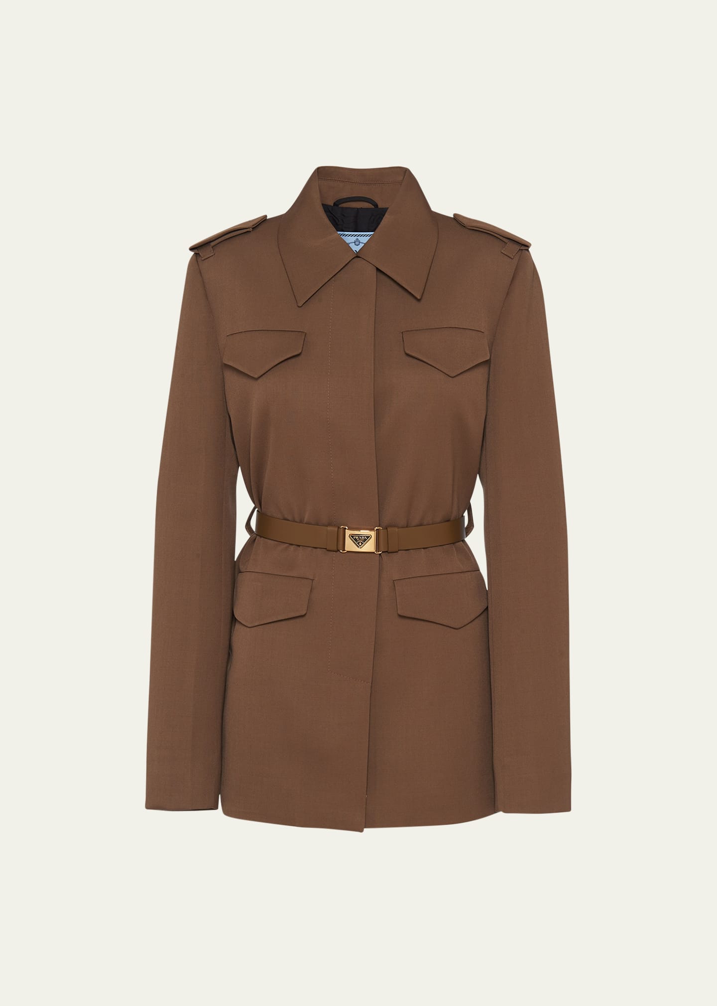 Shop Prada Gabardine Leather Belted Jacket In F0594 Sughero