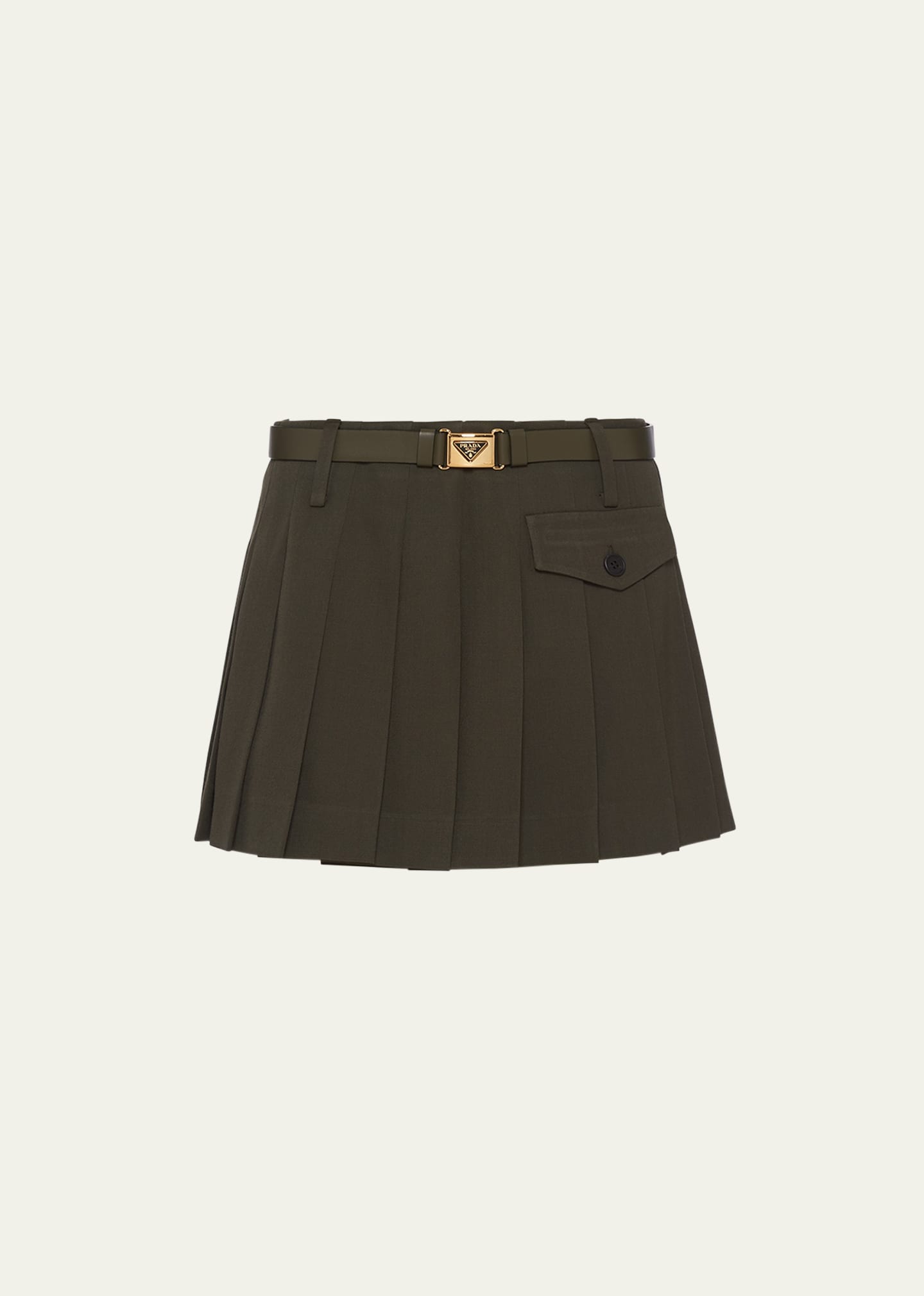 Shop Prada Pleated Gabardine Leather Belted Mini Skirt In F0161 Militare
