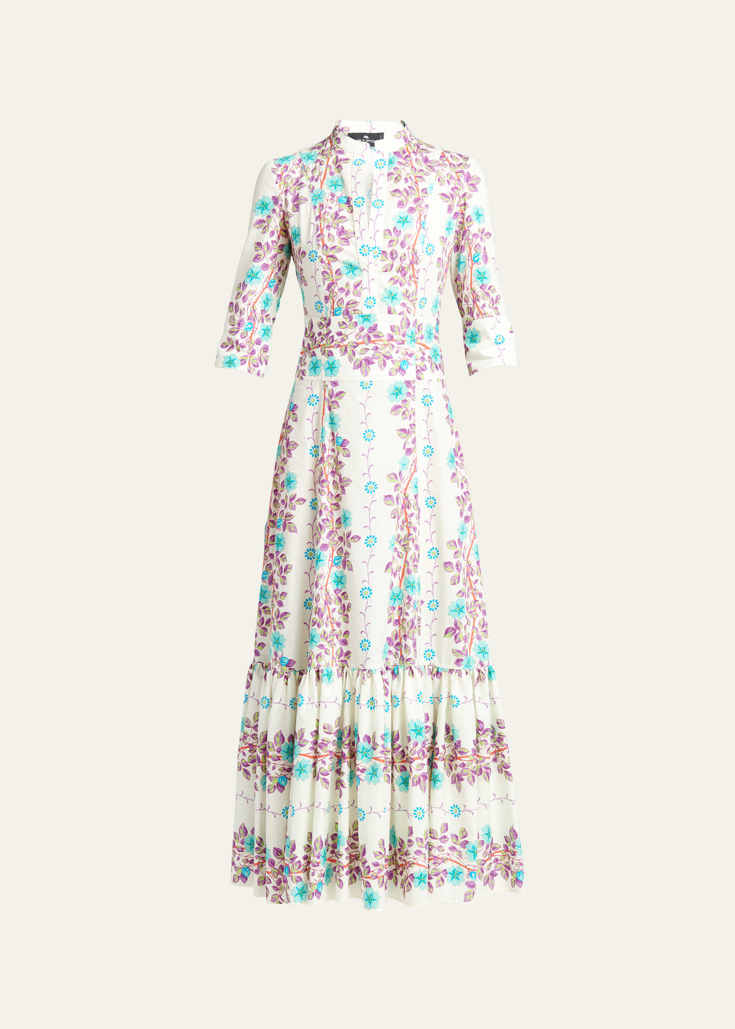 Shop Etro Vine Floral 3/4-sleeve Cotton Midi Dress In Print On White Ba