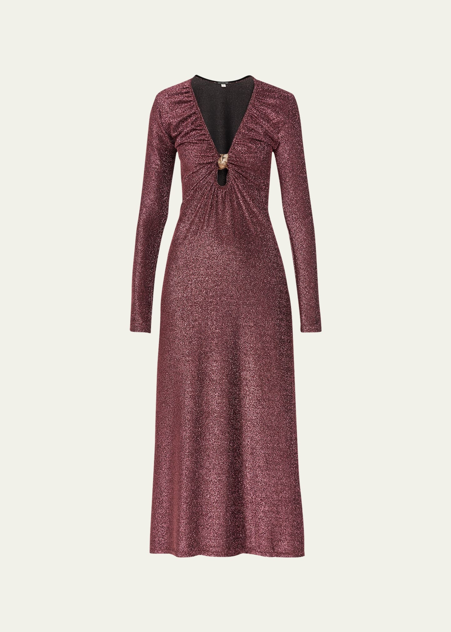Johanna Ortiz Impala Dancing Metallic Knit Maxi Dress With Leather Brooch In Lurex Pink