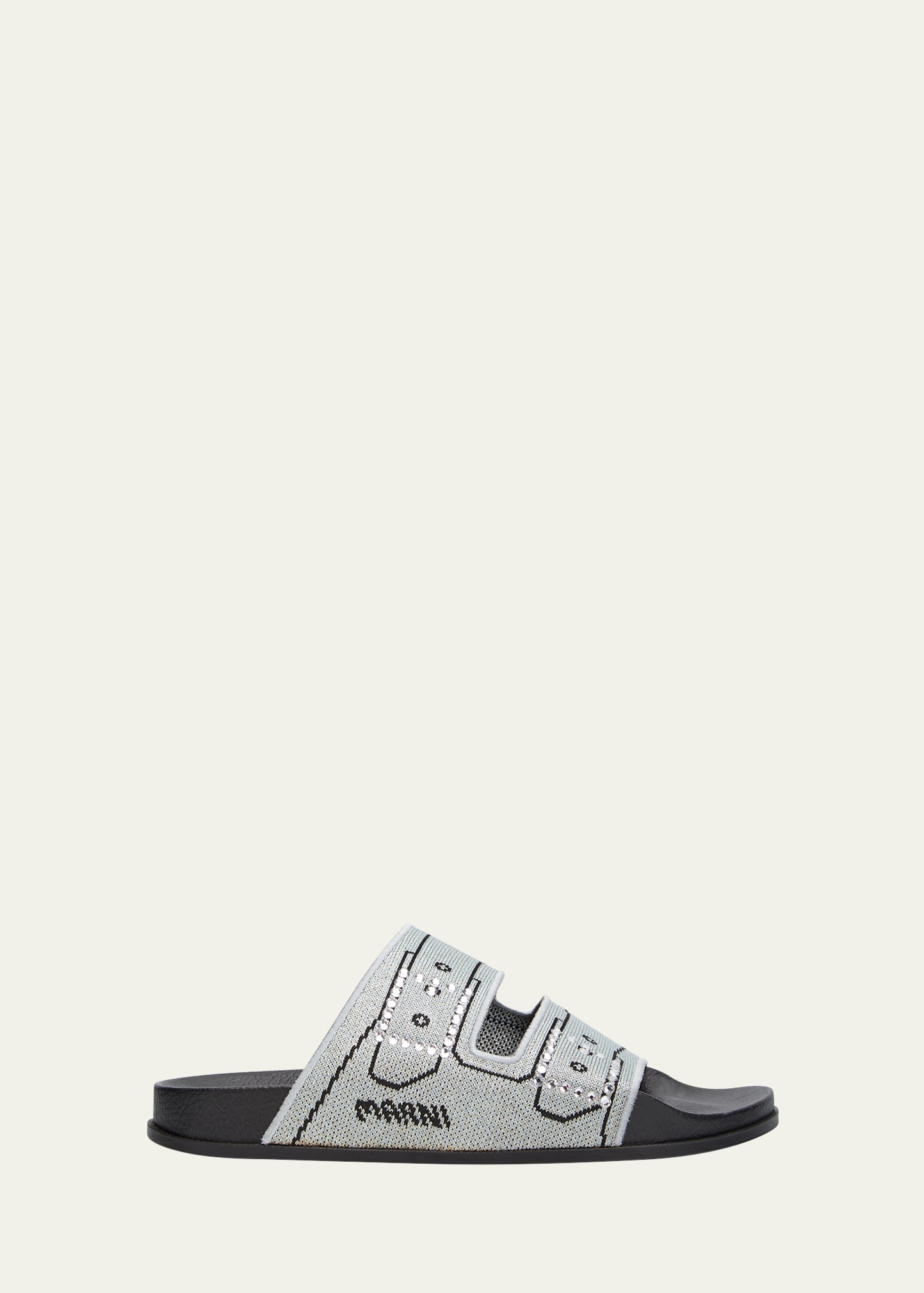 Marni Faux Buckle Embroidered Slide Sandals In Mineral Ice