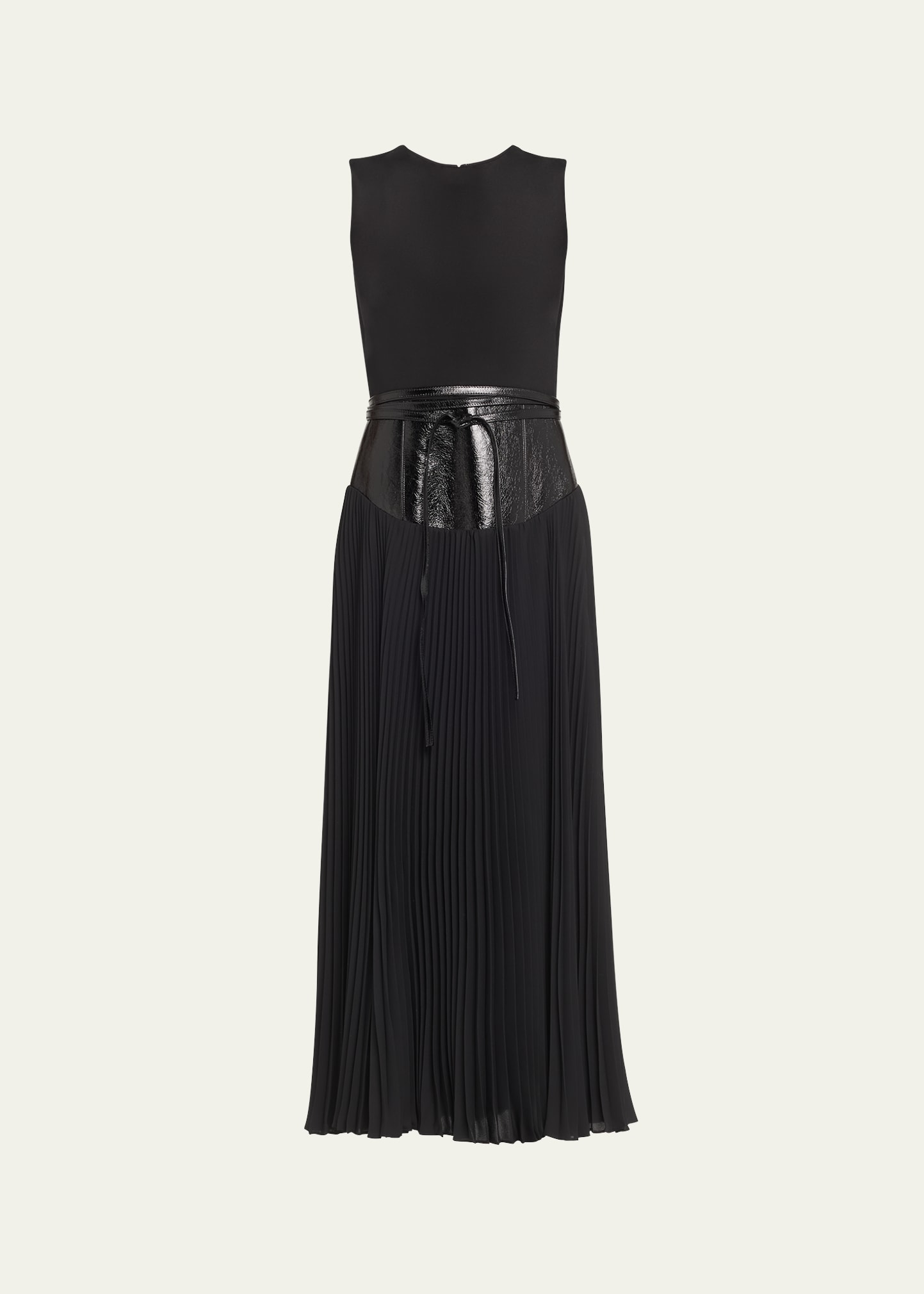 Leather Belt Gown with Pleated Skirt