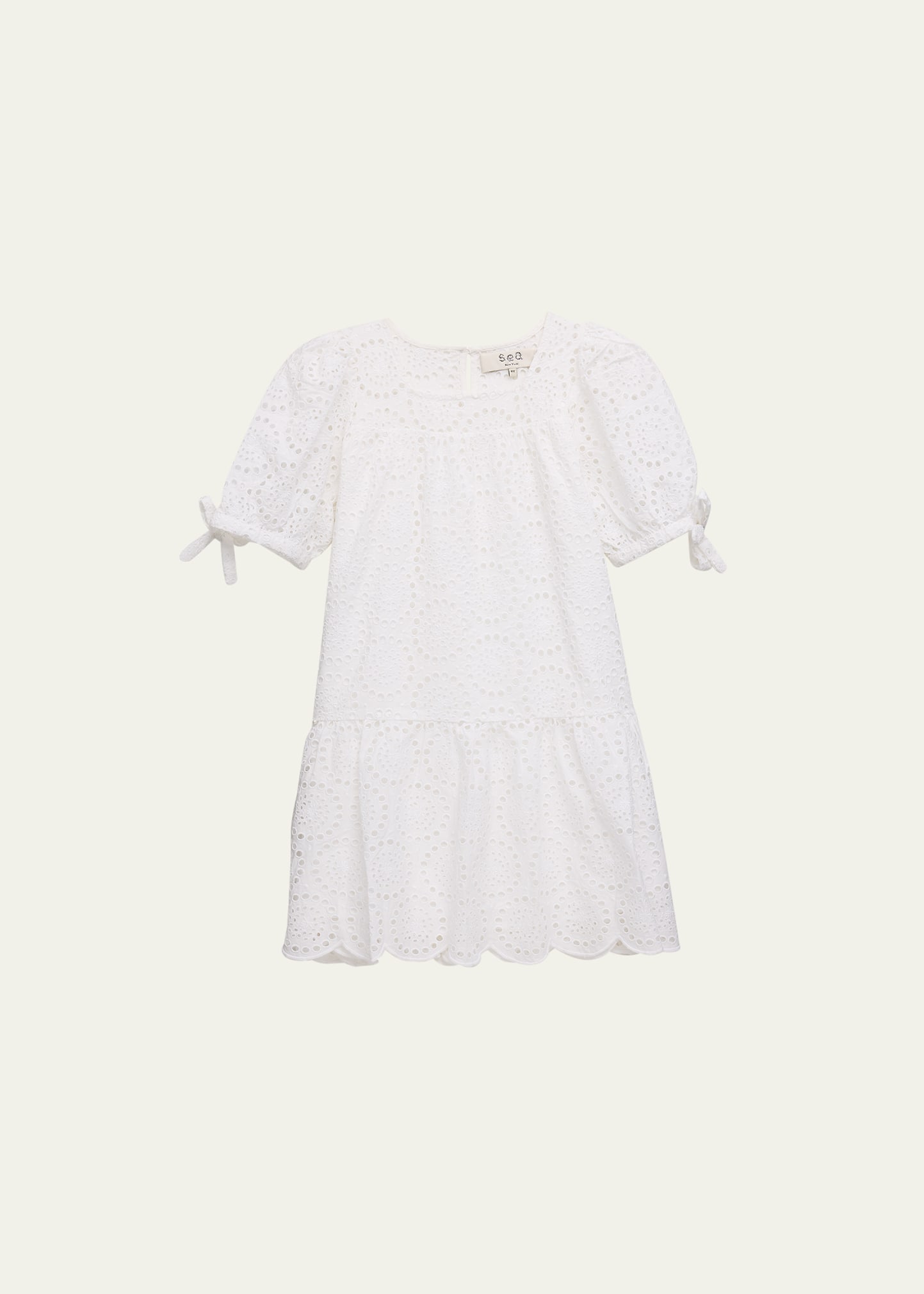 Sea Kids' Girl's Eyelet Embroidered Puff-sleeve Dress In White