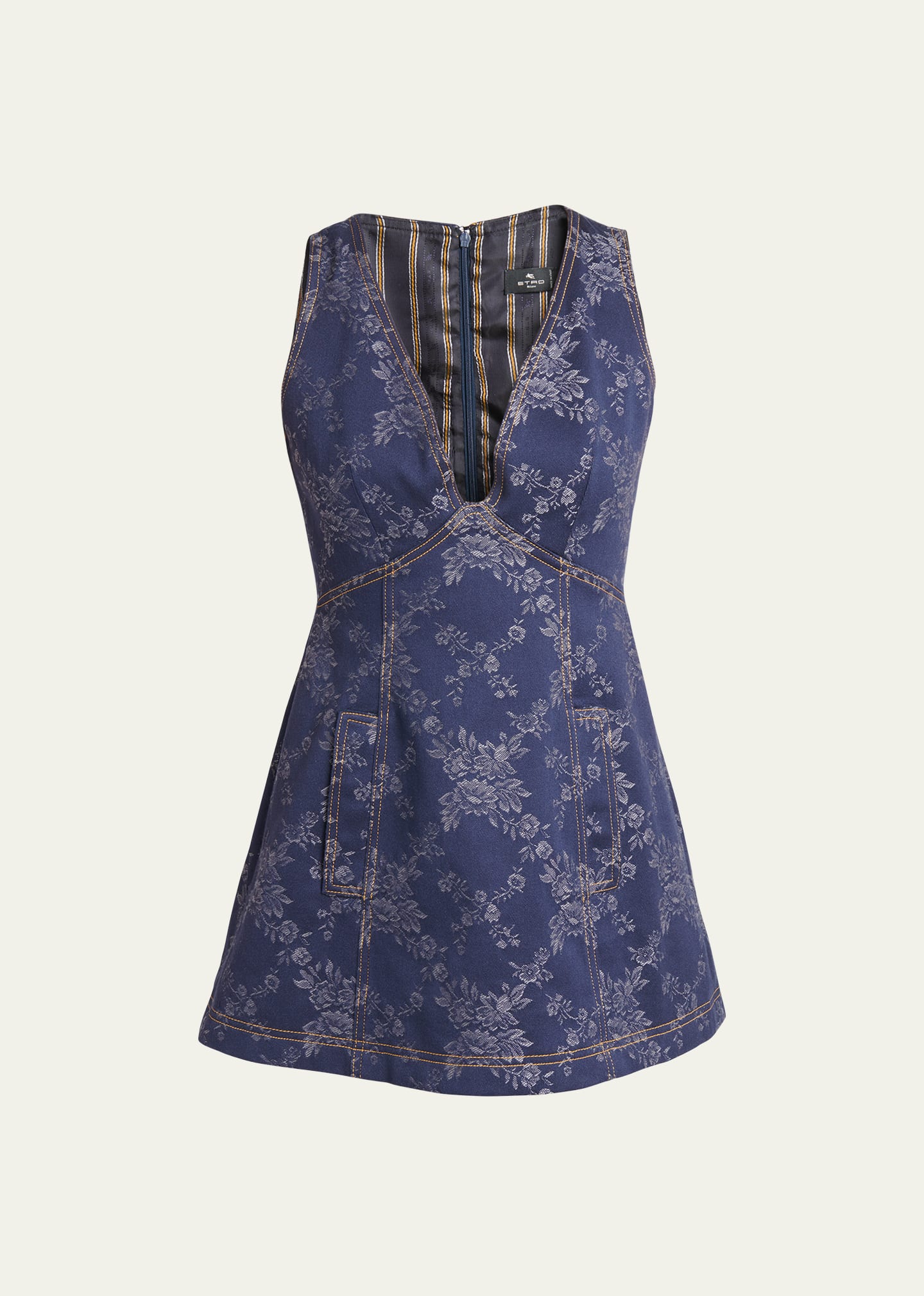Etro Denim Floral-print Mini Dress In Dark Blue