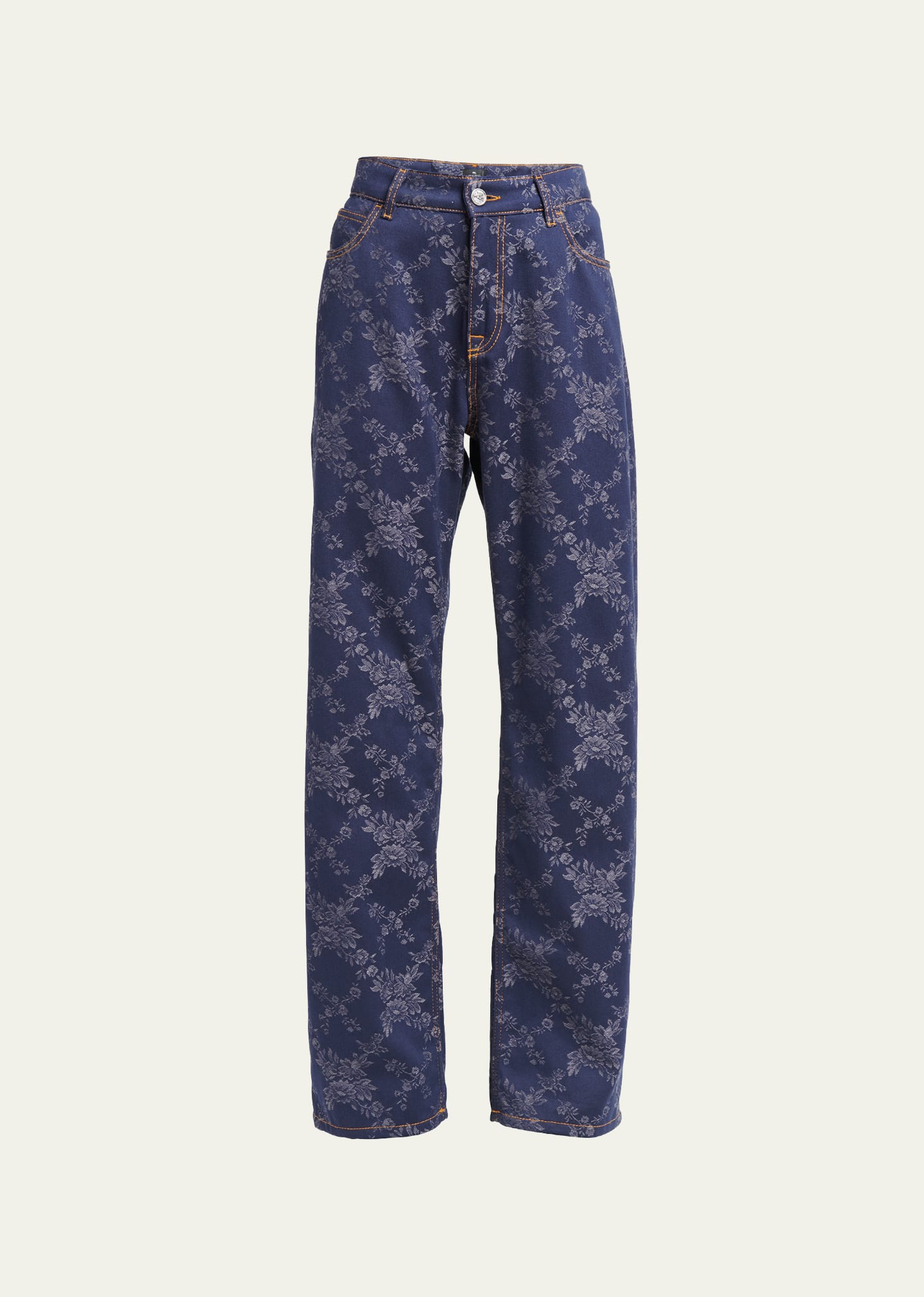Shop Etro Denim Floral-print Straight Leg Pants In Dark Blue