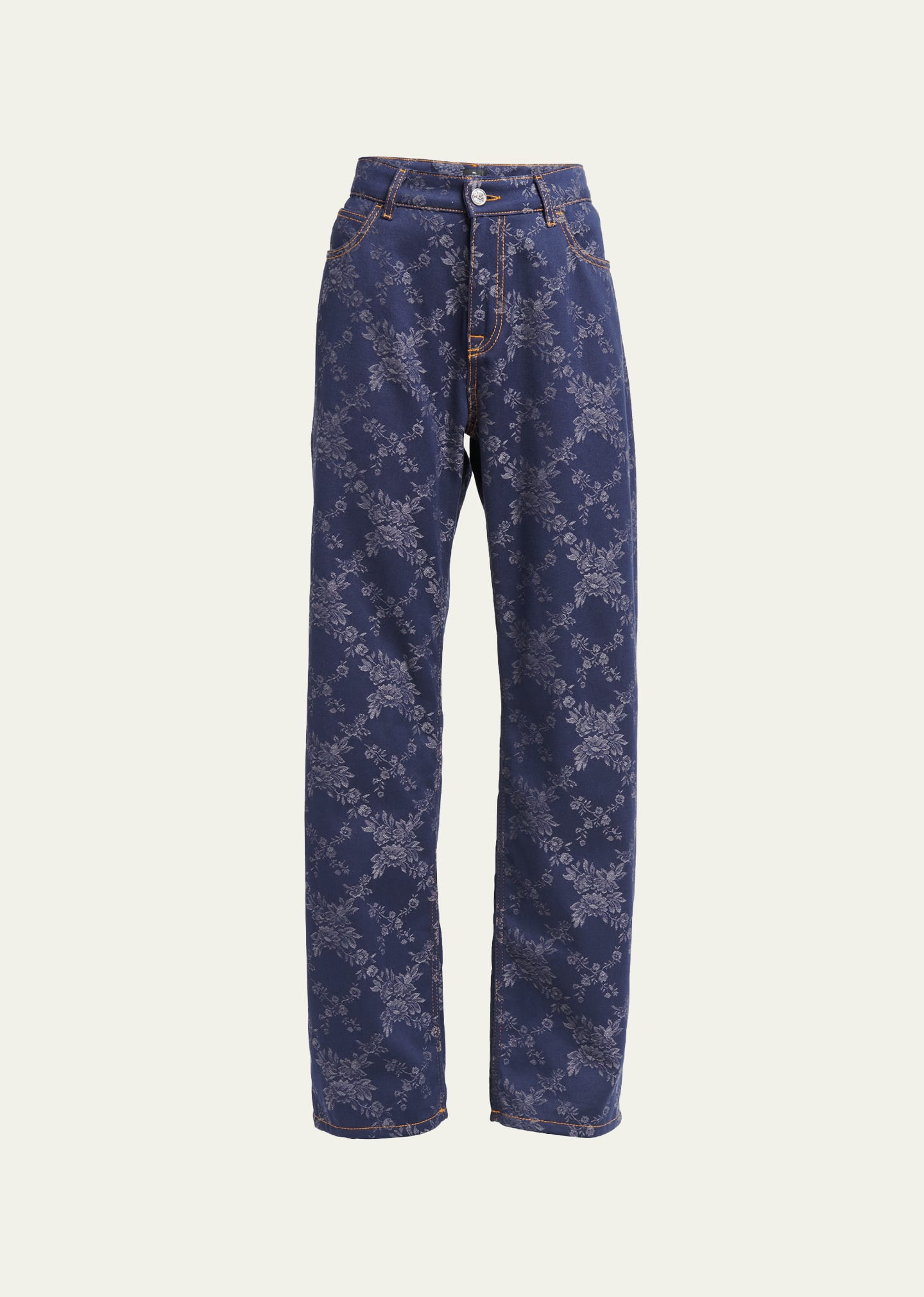 Etro Denim Floral-print Straight Leg Pants In Dark Blue