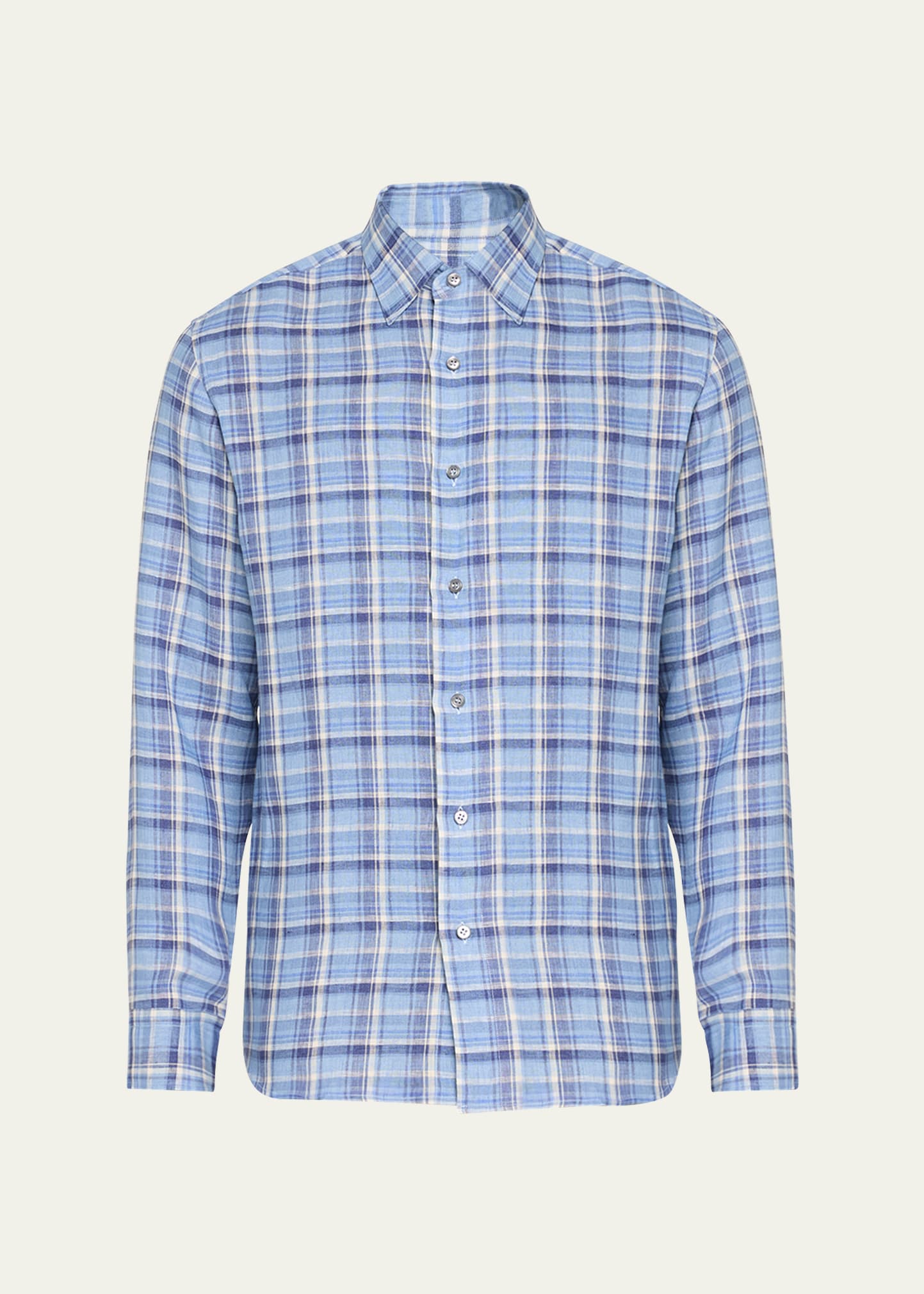 Shop Brioni Men's Linen Plaid Casual Button-down Shirt In Bluette