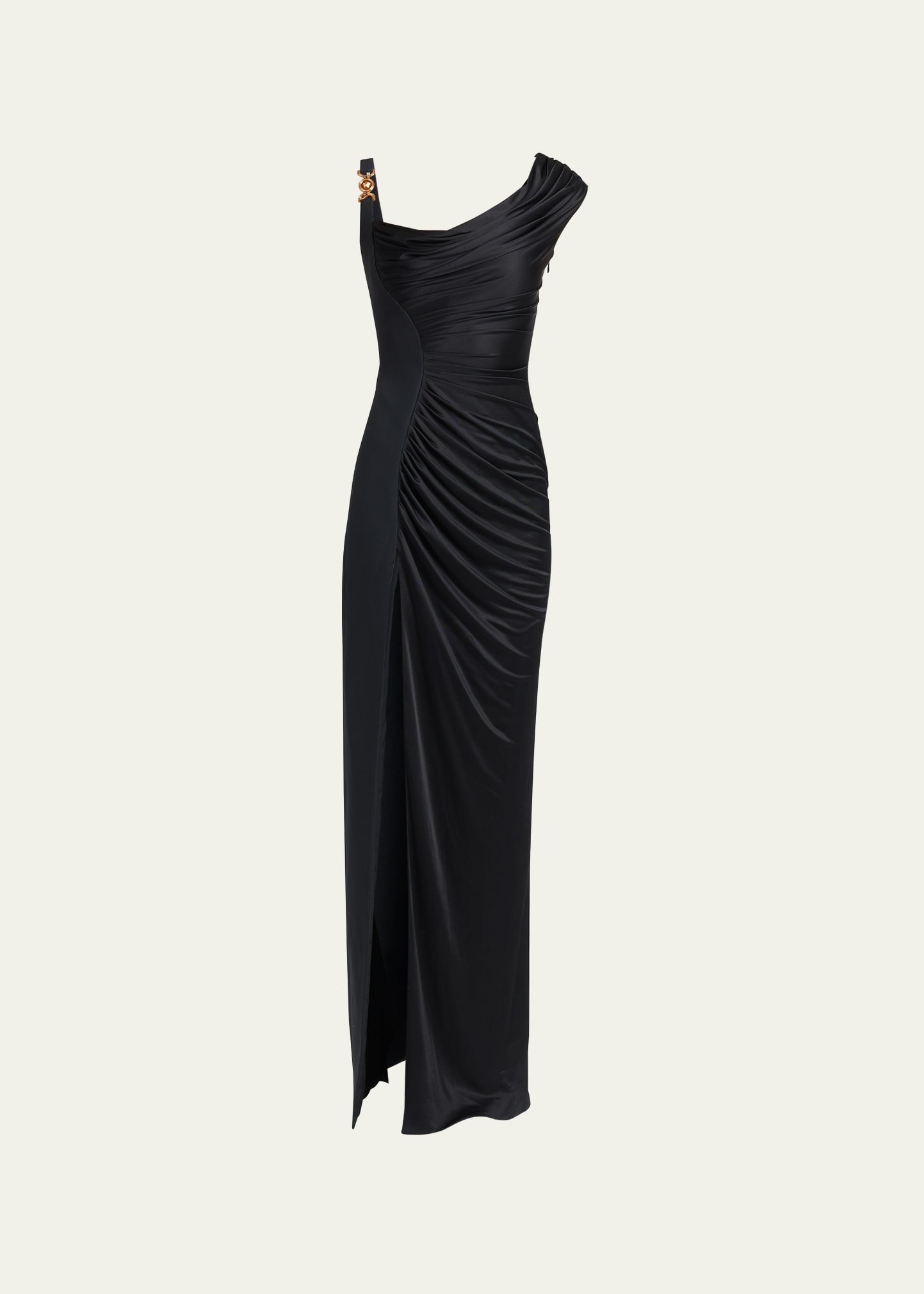 Shop Versace Ruched Jersey Gown In Black