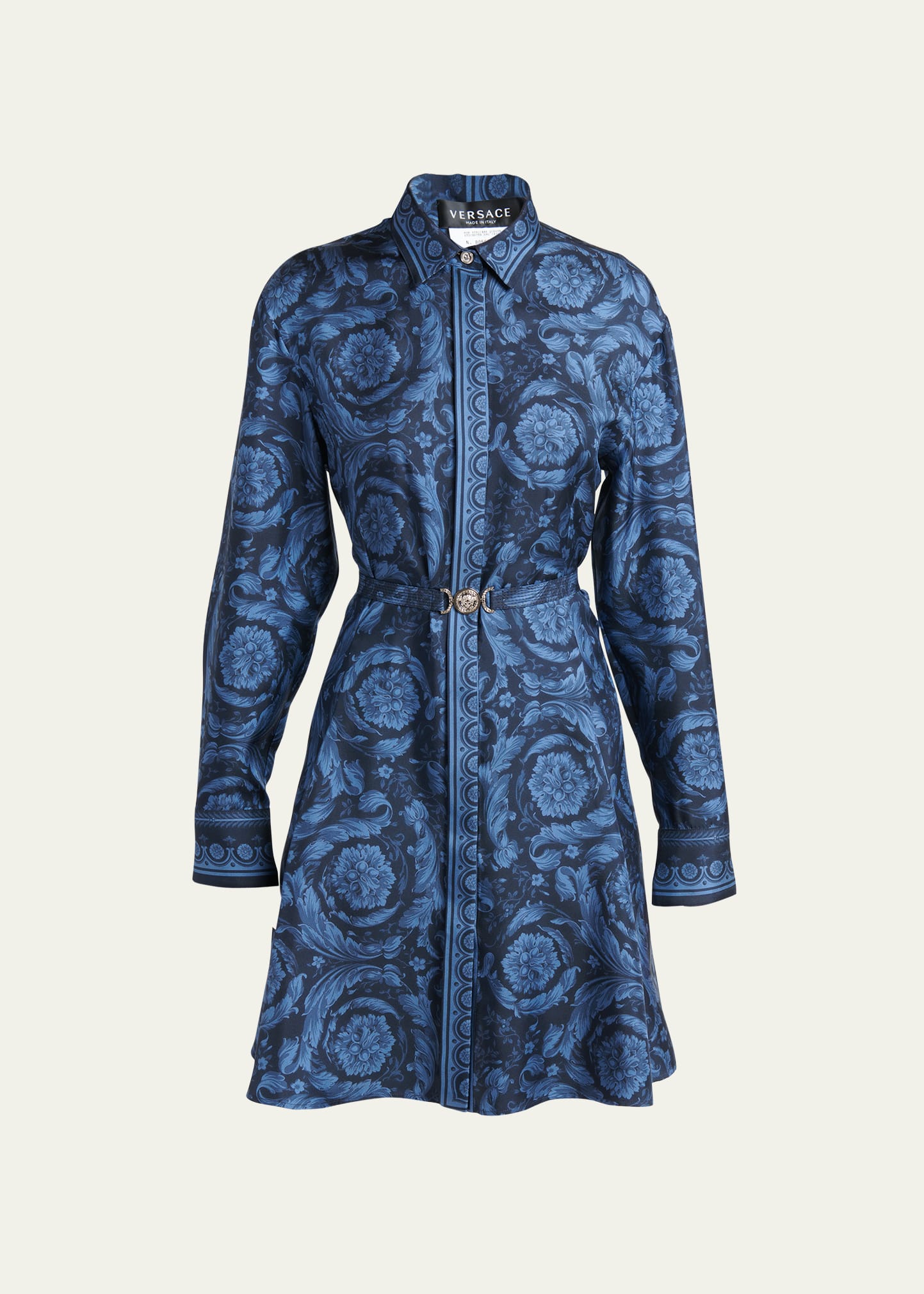 Shop Versace Barocco-print Belted Mini Dress In Navy Blue