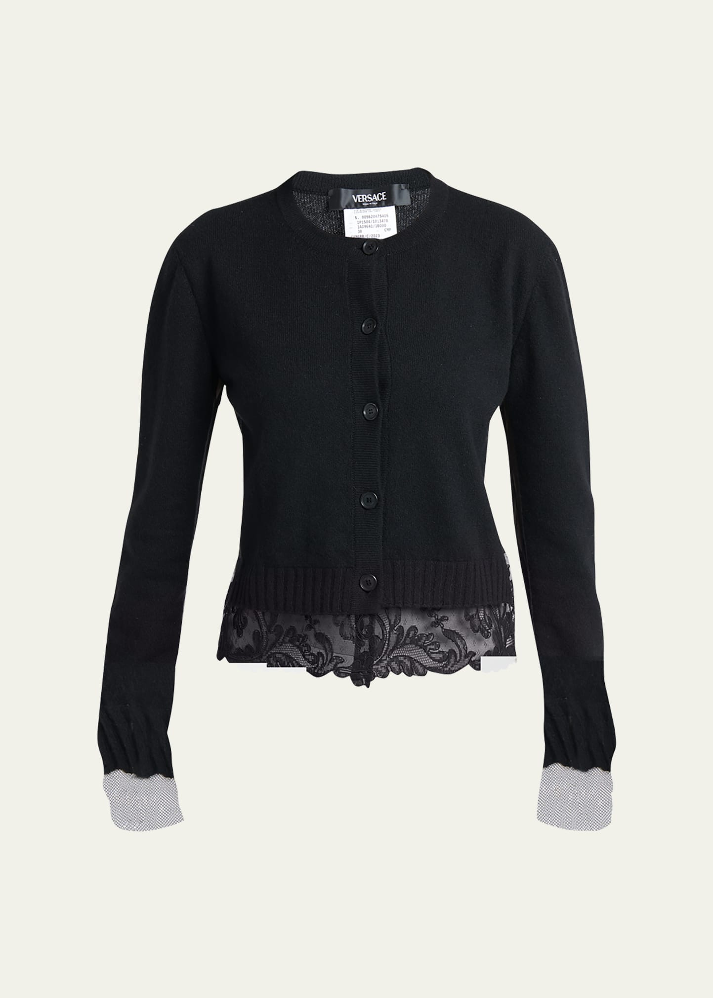 Versace Lace Insert Cashmere Sweater Cardigan In Black
