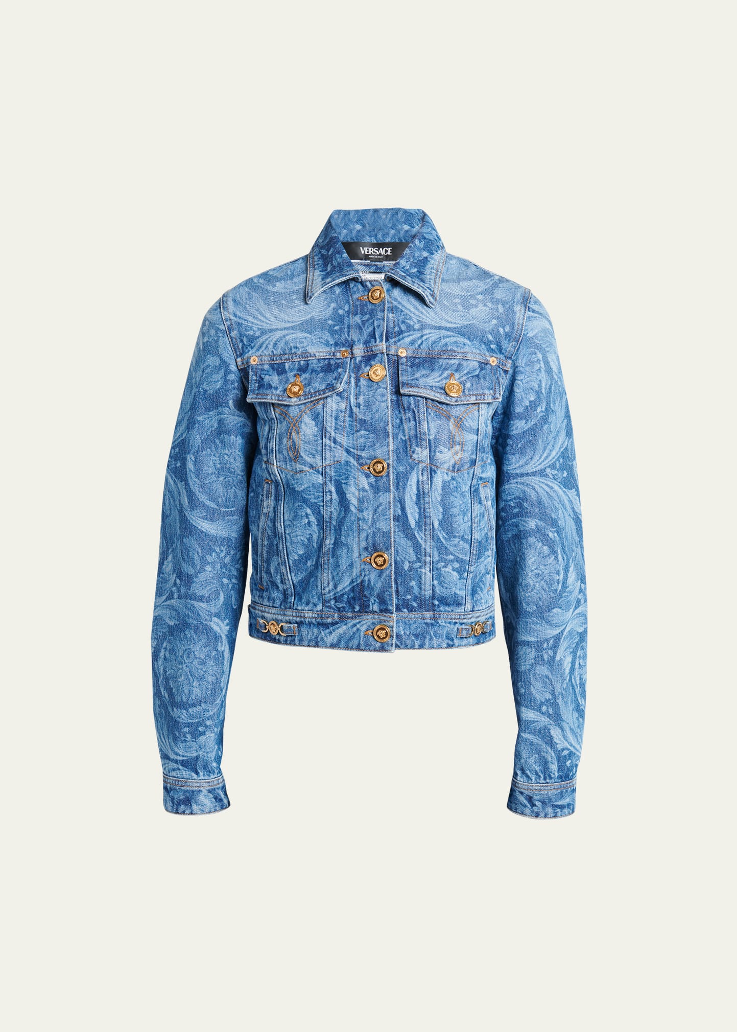 Shop Versace Stone-washed Baroque Print Denim Jacket In Medium Blue