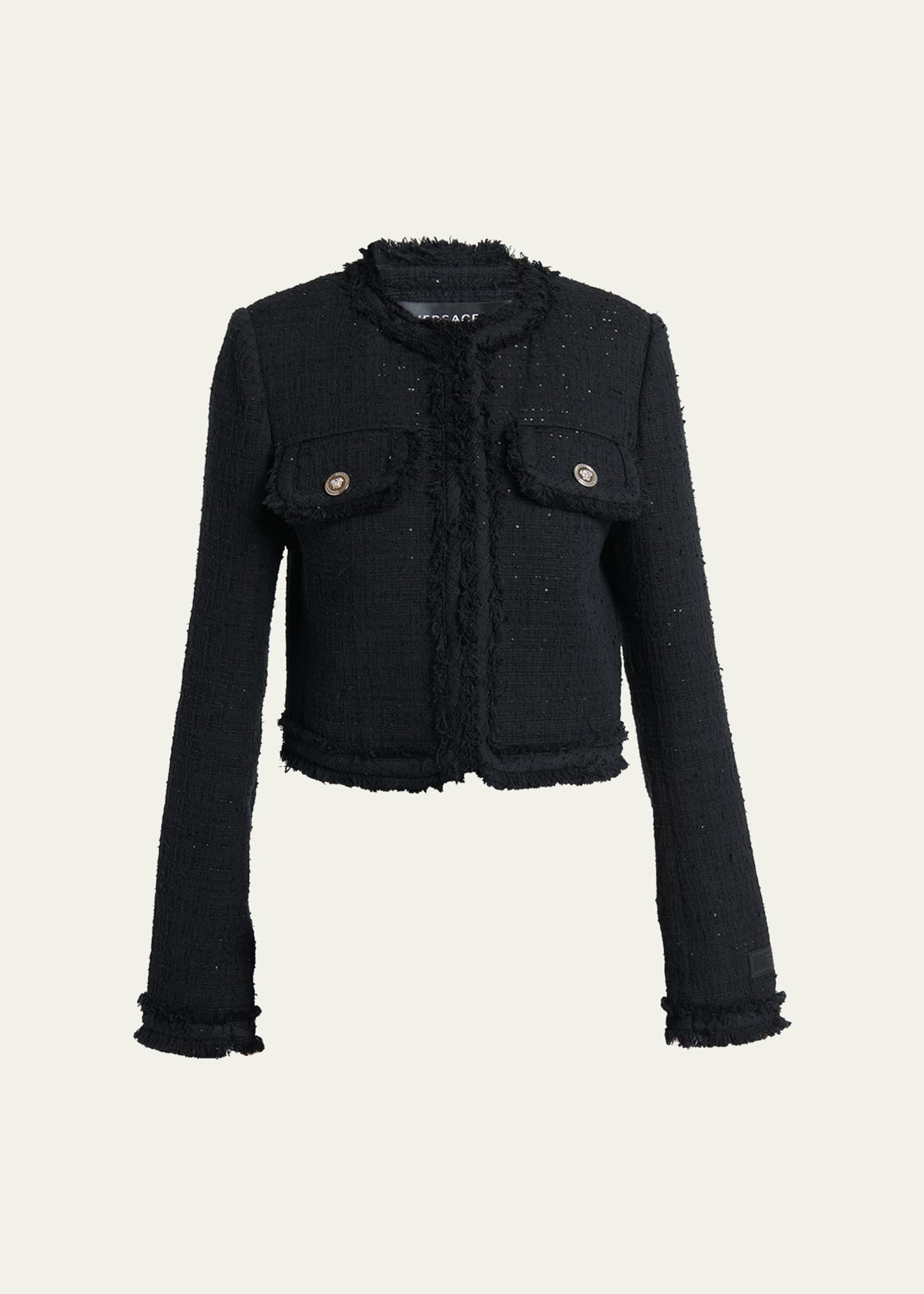 Shop Versace Informal Fringe Tweed Jacket In Black