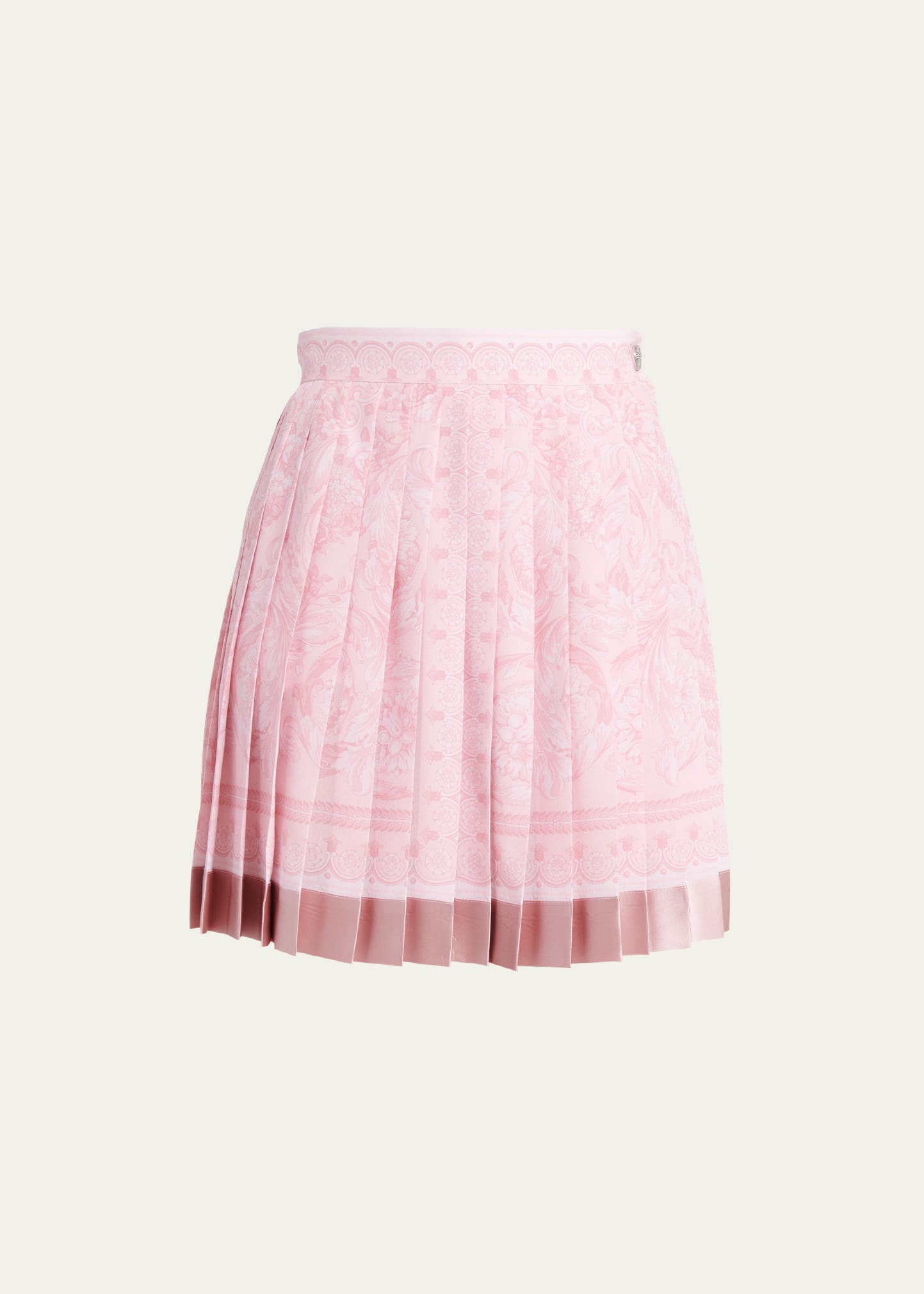 Shop Versace Pleated Baroque-print Crepe De Chine Mini Skirt In Pale Pink
