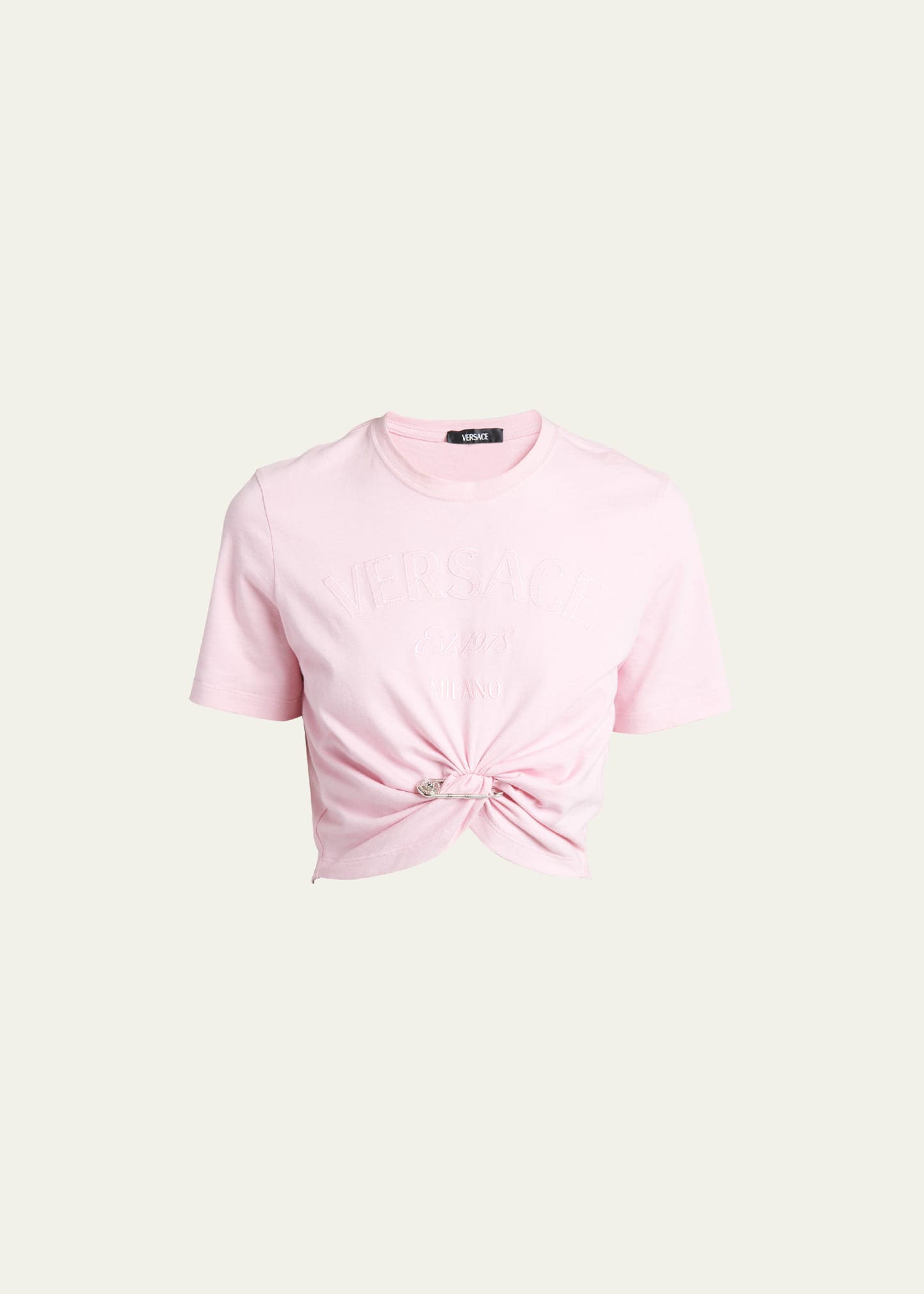 Shop Versace Twist-hem Cropped Logo T-shirt In Pale Pink